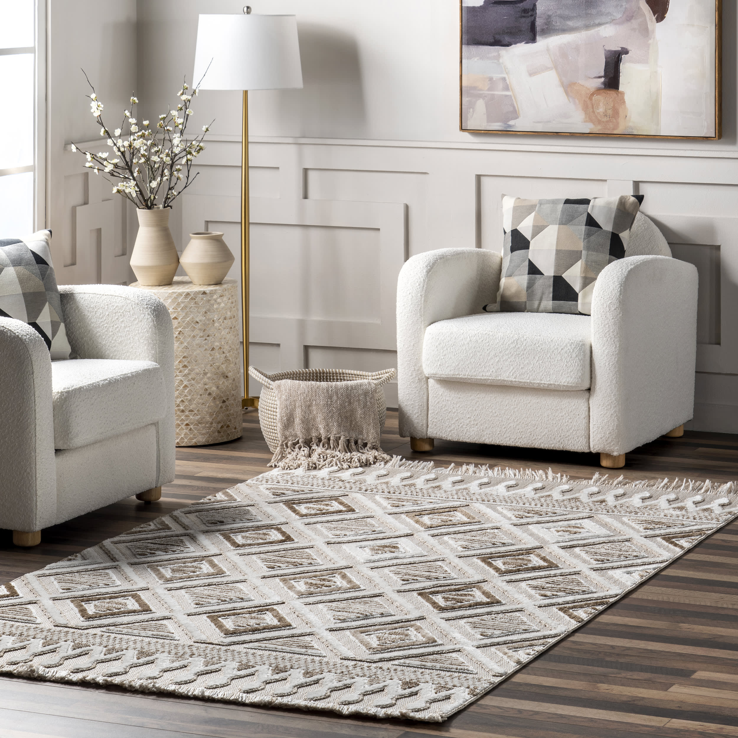 Cathleen Iridescent Bordered Area Rug in Ivory | Shimmery Accent Rug for Living Room, Bedroom & Nursery Decor