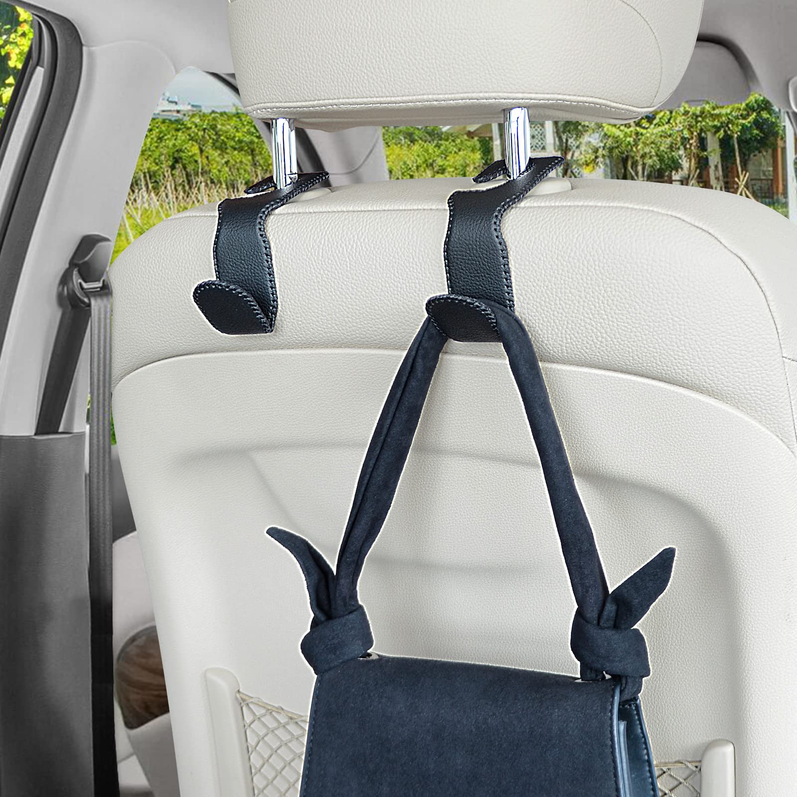 4 PCS Premium Leather Car Purse Hooks - Heavy Duty Car Bag Holder for Back Seat Headrest, Organizer for Coats, Umbrellas & Grocery Bags (Black) - Perfect for Road Trips, Shopping & Daily Commute