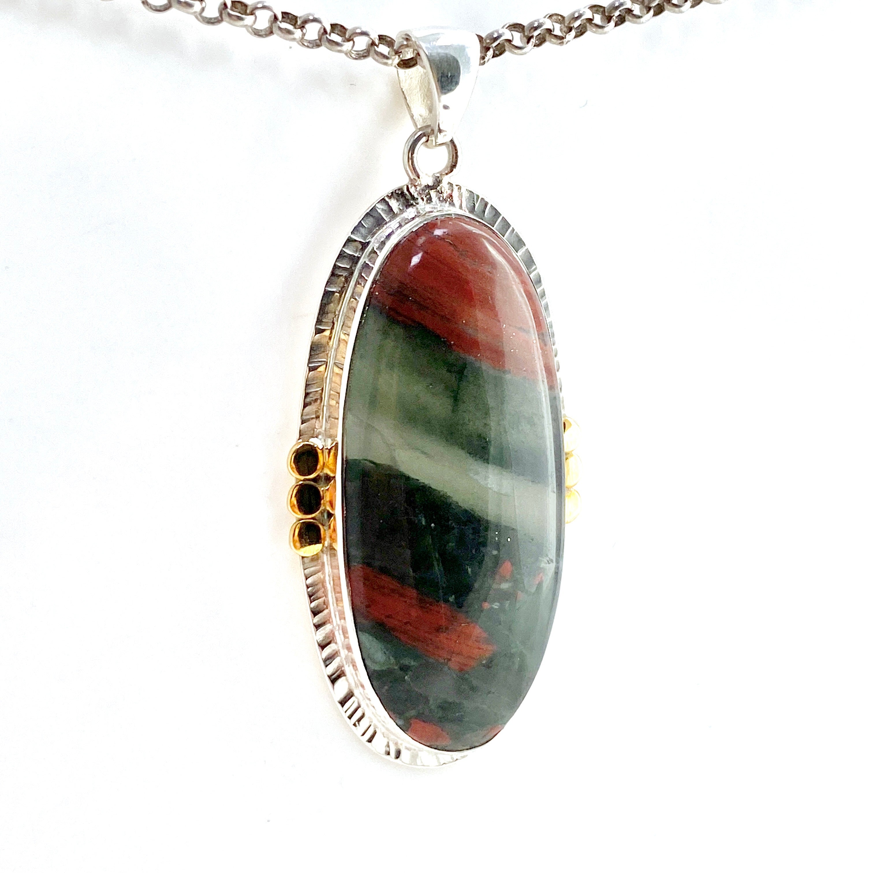 Bloodstone Oval Cabochon Pendant with Brass Accents - Handmade Jewelry for Women - Perfect for Spiritual Healing, Meditation & Energy Work (KPGJ4745)