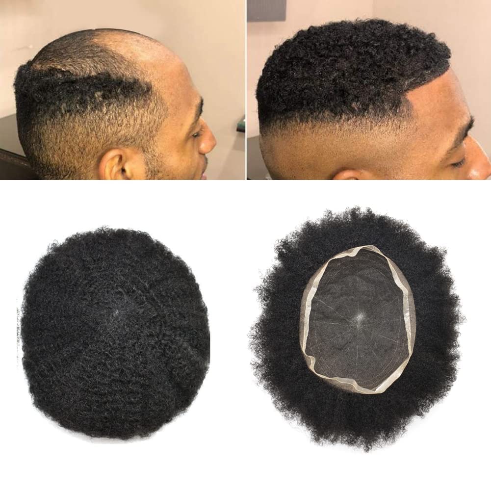 Full Lace Afro Toupee for Black Men - Kinky Curly Virgin Human Hair System - 8x10 Natural Hairline - 1B# OFF BLACK 4mm - Perfect for Daily Wear, Special Occasions & Hair Restoration