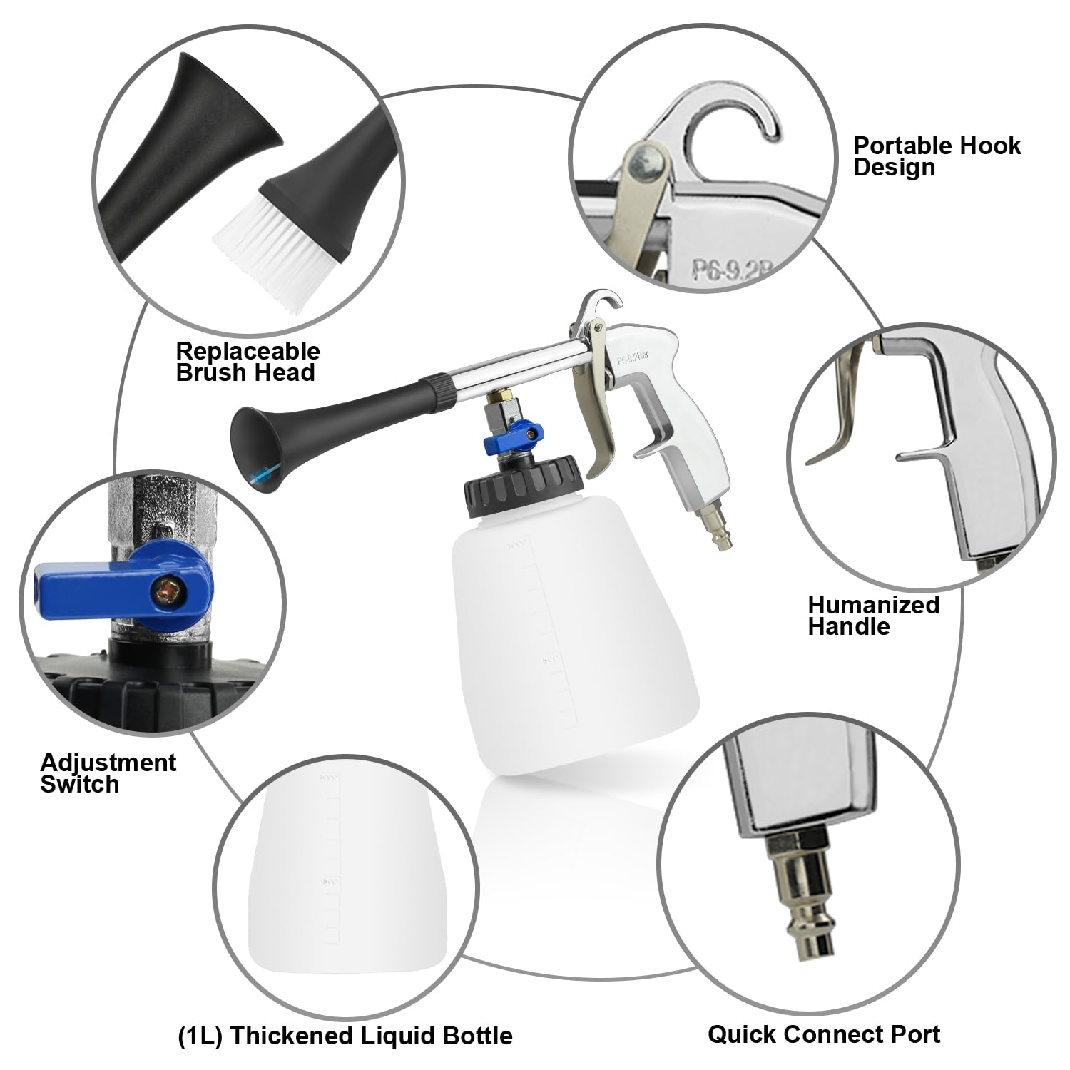High Pressure Car Cleaning Air Blow Gun with 1L Foam Bottle & 2 Nozzles - Interior Detailing Tool for Vehicle Upholstery, Carpet & Seat Cleaning - Perfect for Auto Detailing, Car Wash & Home Cleaning