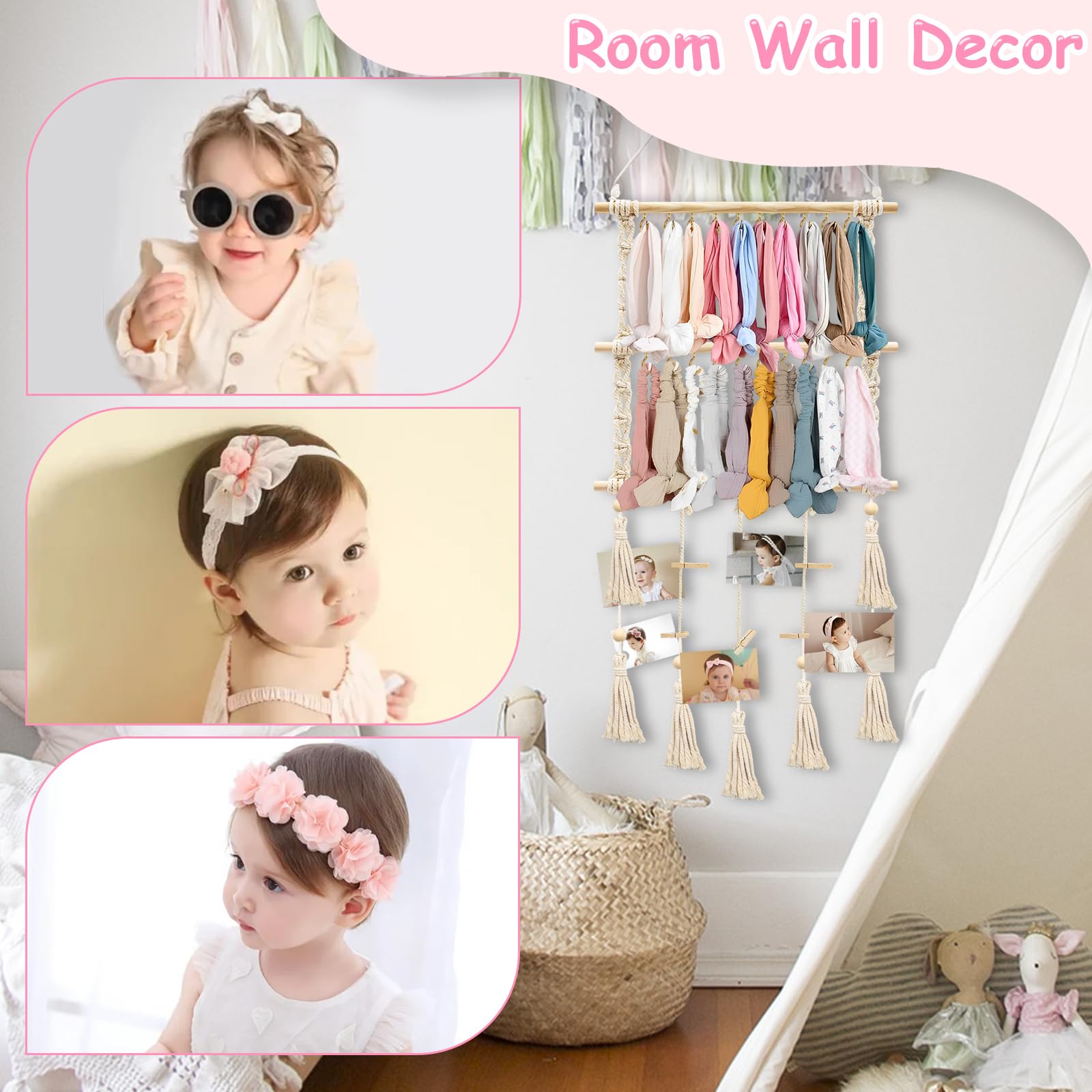 Girls Hair Bow Organizer - Baby Headband Holder with 20 Iron Hooks & 15 Wooden Clips | Boho Nursery Wall Decor for Toddler Girls Room | Perfect for Organizing Hair Accessories and Decorating Kids Bedroom