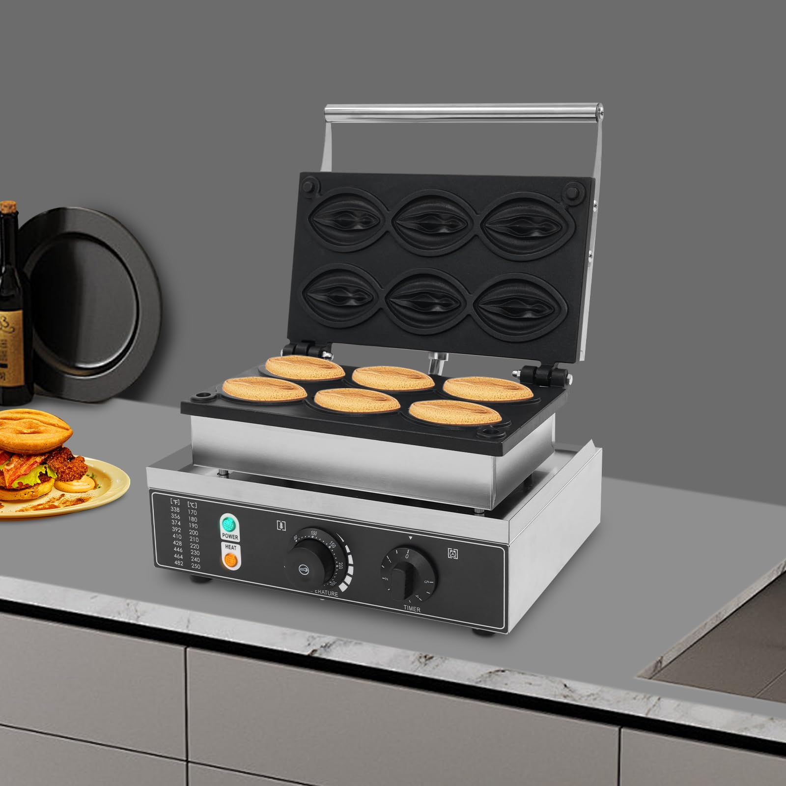 Commercial Electric Abalone Waffle Maker - 110V 1.55KW Belgian Waffle Iron with 6 Nonstick Molds, Timer & Temperature Control - Fast 4-5 Minute Waffles for Breakfast, Cafes, Restaurants & Home Use