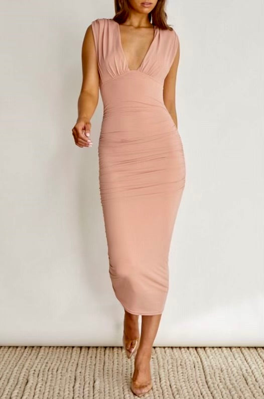 Elegant Blush Pink Midi Dress for Women - Perfect for Weddings, Parties & Special Occasions