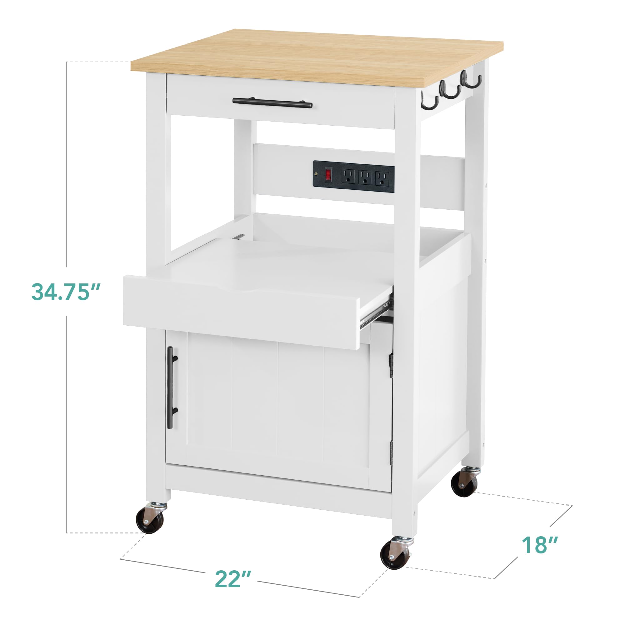 Best Choice Products Rolling Kitchen Island Cart with Single Door Cabinet, Drawer, Sliding Tray, Hidden Outlet & Lockable Wheels - White | Mobile Kitchen Storage for Small Spaces, Apartment Cooking & Entertaining
