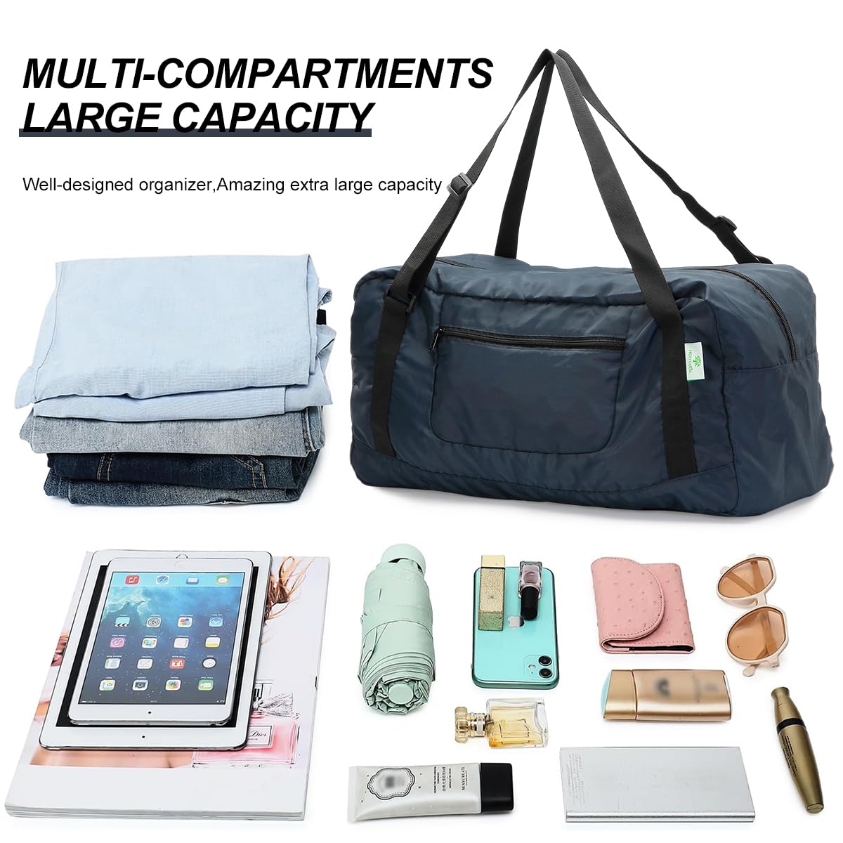 HOLYLUCK Foldable Travel Duffel Bag for Women & Men - Lightweight Gym Bag with Shoulder Strap - Perfect for Workout, Travel & Sports (Navy Blue)