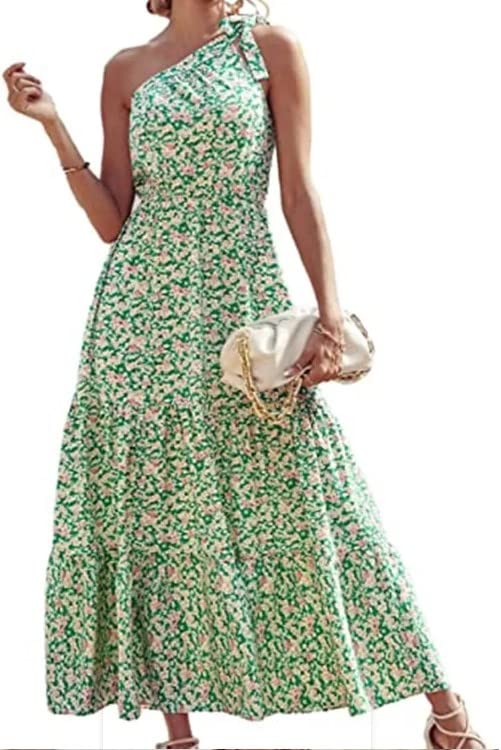 Trendyporium Women's One Shoulder Bohemian Floral Maxi Dress - Summer Beach Vacation Swing Dress for Women, Perfect for Pool Parties, Tropical Getaways and Boho Chic Outfits