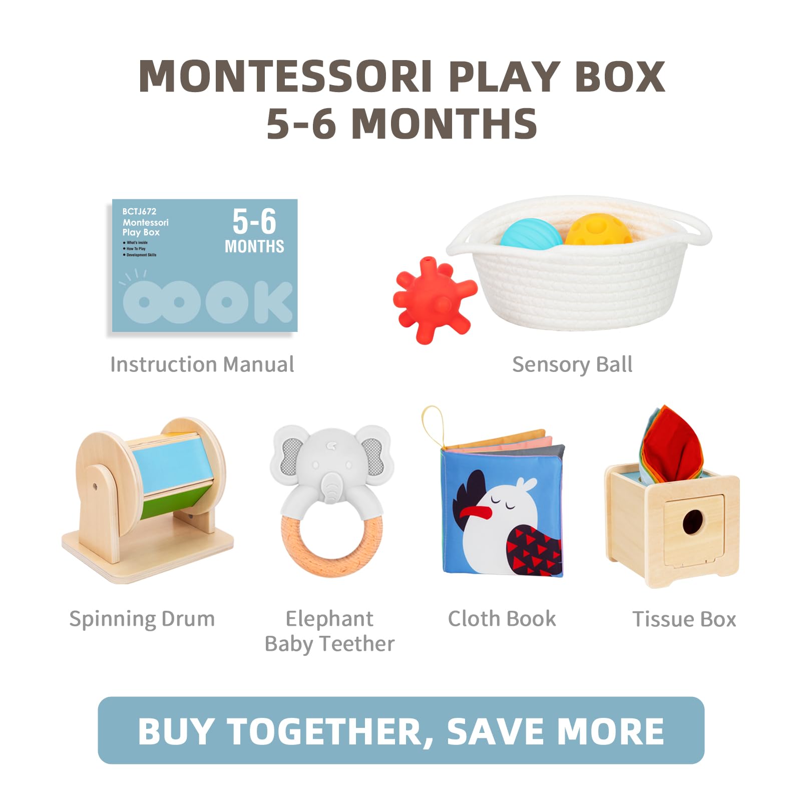 Montessori Toys for Babies 0-6 Months - All-in-1 Newborn Developmental Toy Set with Sensory Balls, Spinning Drum, Baby Tissue Box, Cloth Book & Elephant Teether - Perfect for Early Learning, Motor Skills & Sensory Play