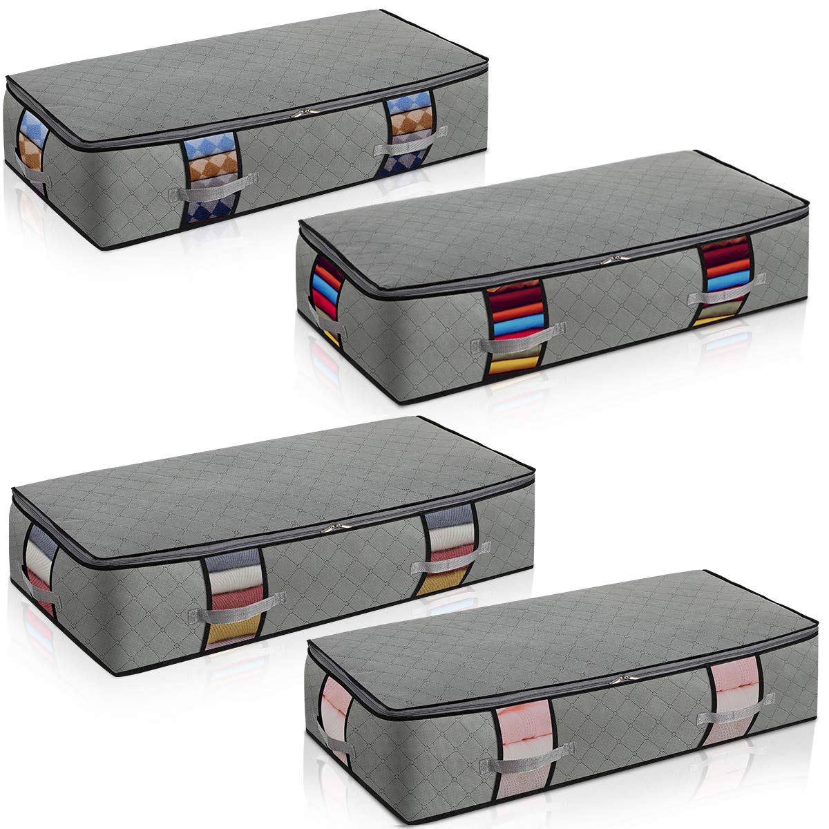 Extra-Large Under Bed Storage Bags (4-Pack) - Thickened 3-Ply Fabric Organizers with Reinforced Handles & Strong Zippers - Breathable Clear Window Design for Clothes, Blankets, Seasonal Items - Perfect for Bedroom, Closet & Dorm Organization (Grey)