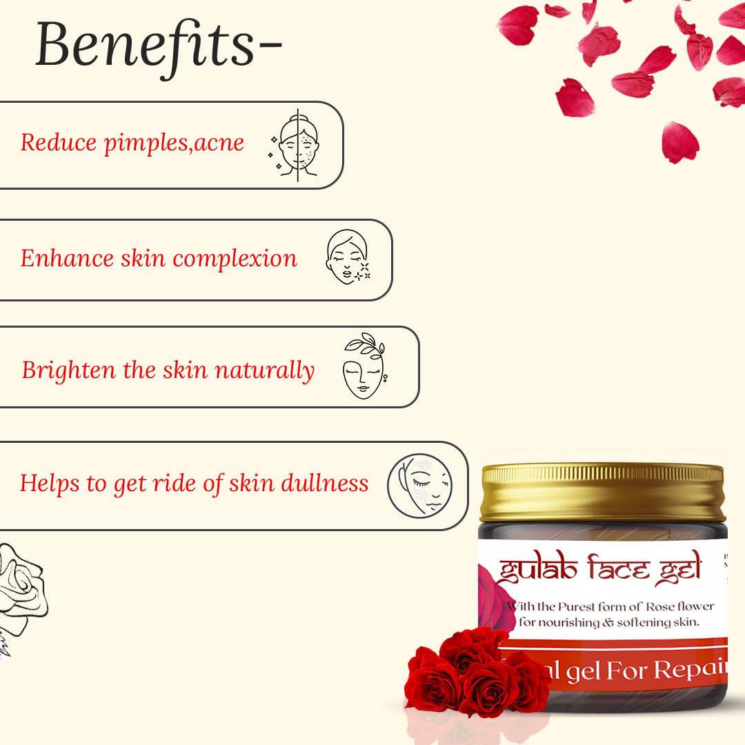 Kasturveda Face Gel for Glowing Skin - 50gm Hydrating Moisturizer with Rose Extract for Oily Skin - Men & Women - Perfect for Daily Skincare Routine & Nighttime Hydration