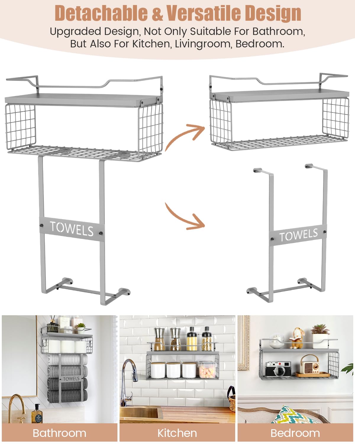 Wall Mounted Bathroom Towel Rack Set - Wooden Vertical Towel Holder & Shelf Organizer for Small Bathrooms, Grey Bath Wall Decor (Perfect for Above Toilet Storage & Rolled Towel Organization)