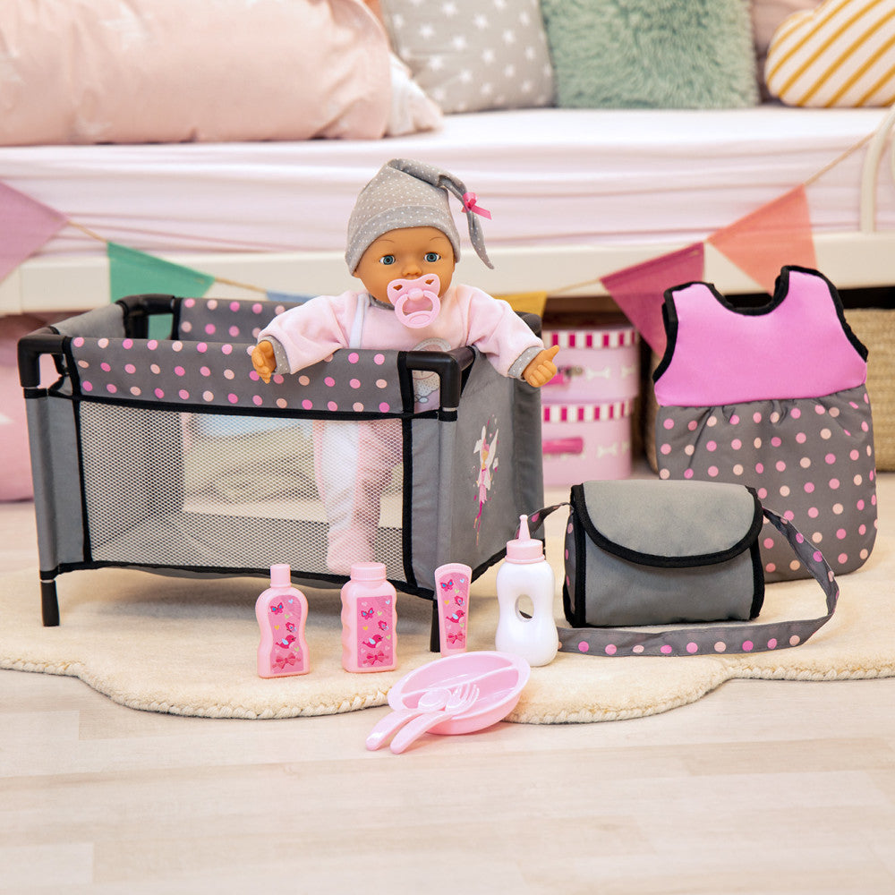 Bayer Design Deluxe Baby Doll Travel Bed Playset with Accessories - Portable Doll Crib for Girls, Toddler Pretend Play & Travel Companion - Perfect for Home, Car Trips & Sleepovers