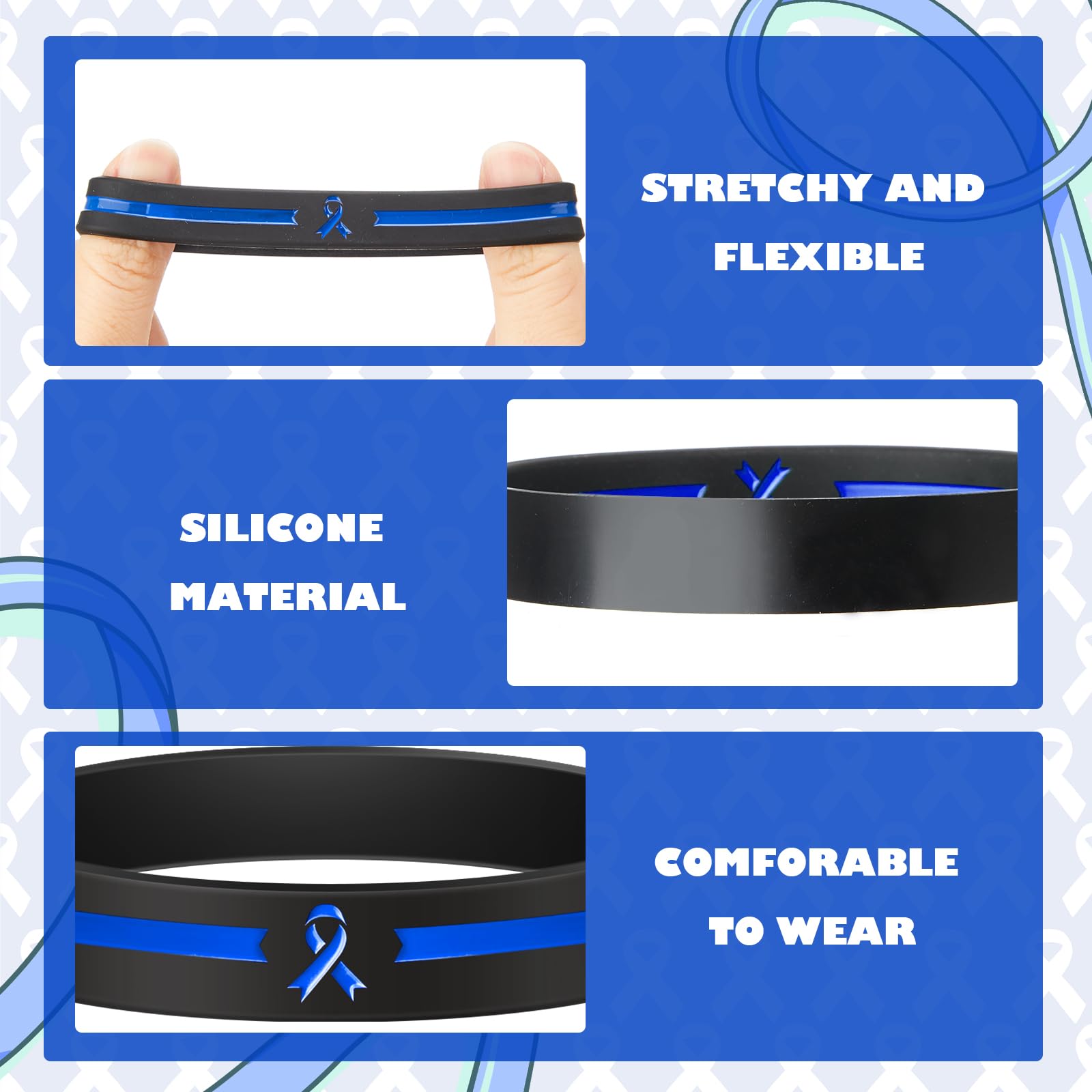 Hiboom 100 Pcs Blue Colon Cancer Awareness Silicone Bracelets - Inspirational Rubber Wristbands with Ribbon for Women & Men - Charity Events, Fundraisers & Support Groups