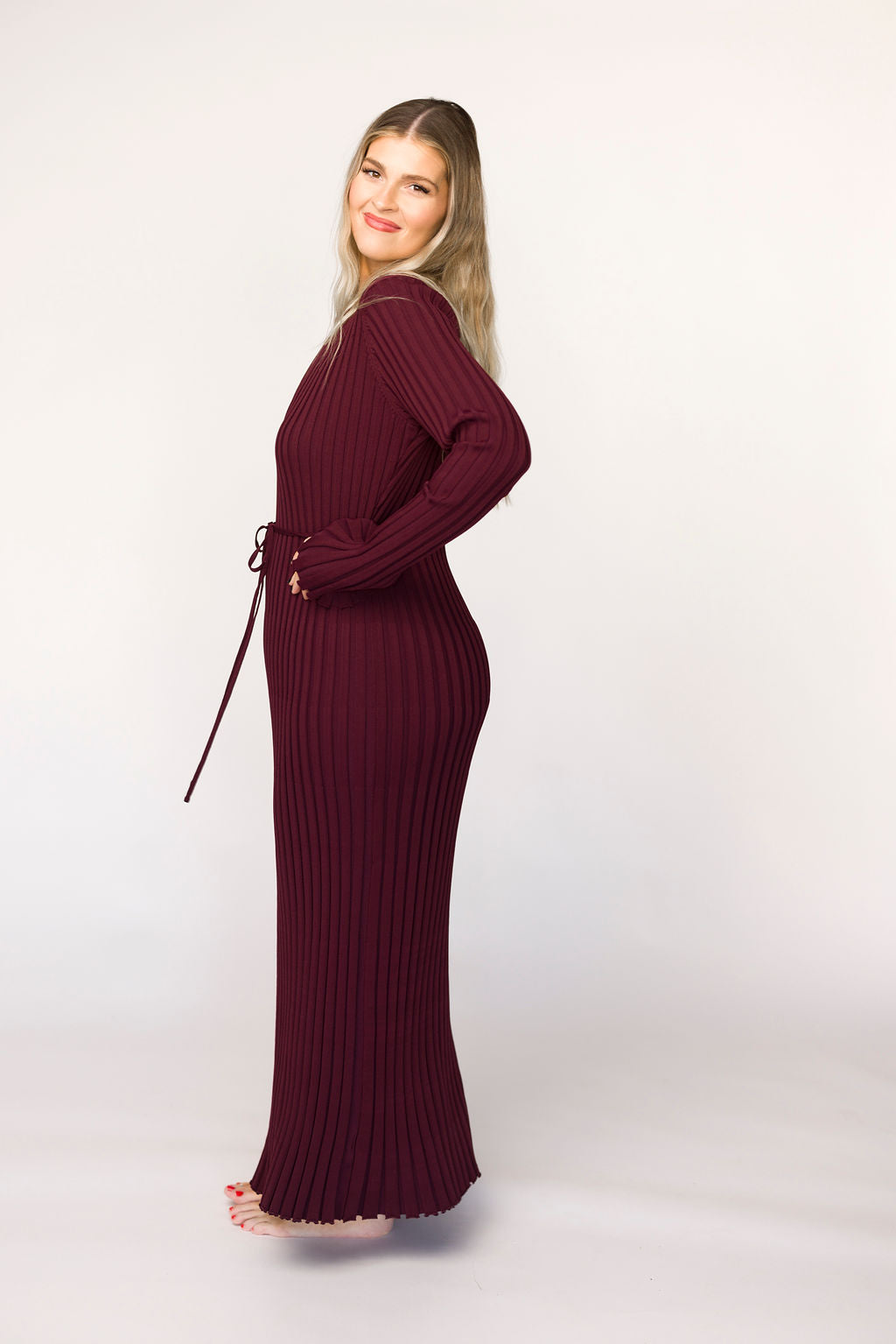 Colette Premium Long Sleeved Ribbed Knit Maxi Dress in Burgundy - Bump Friendly Maternity Dress for Pregnancy, Nursing & Postpartum - Perfect for Casual Wear, Office & Special Occasions