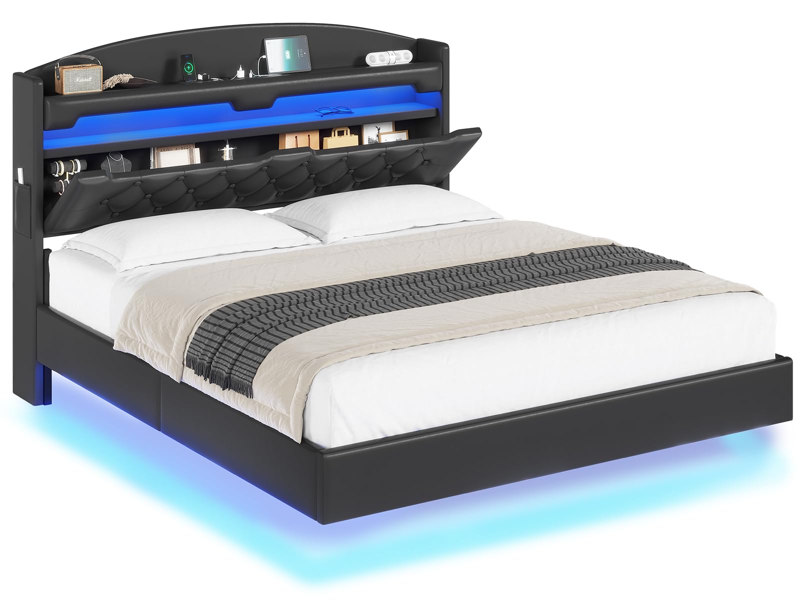 ADORNEVE Full Size Floating Bed Frame with Hidden Storage Headboard & LED Lights - Upholstered Leather Platform Bed with USB Charging Station, No Box Spring Needed (Black) - Perfect for Modern Bedrooms, Small Spaces & Luxury Home Decor