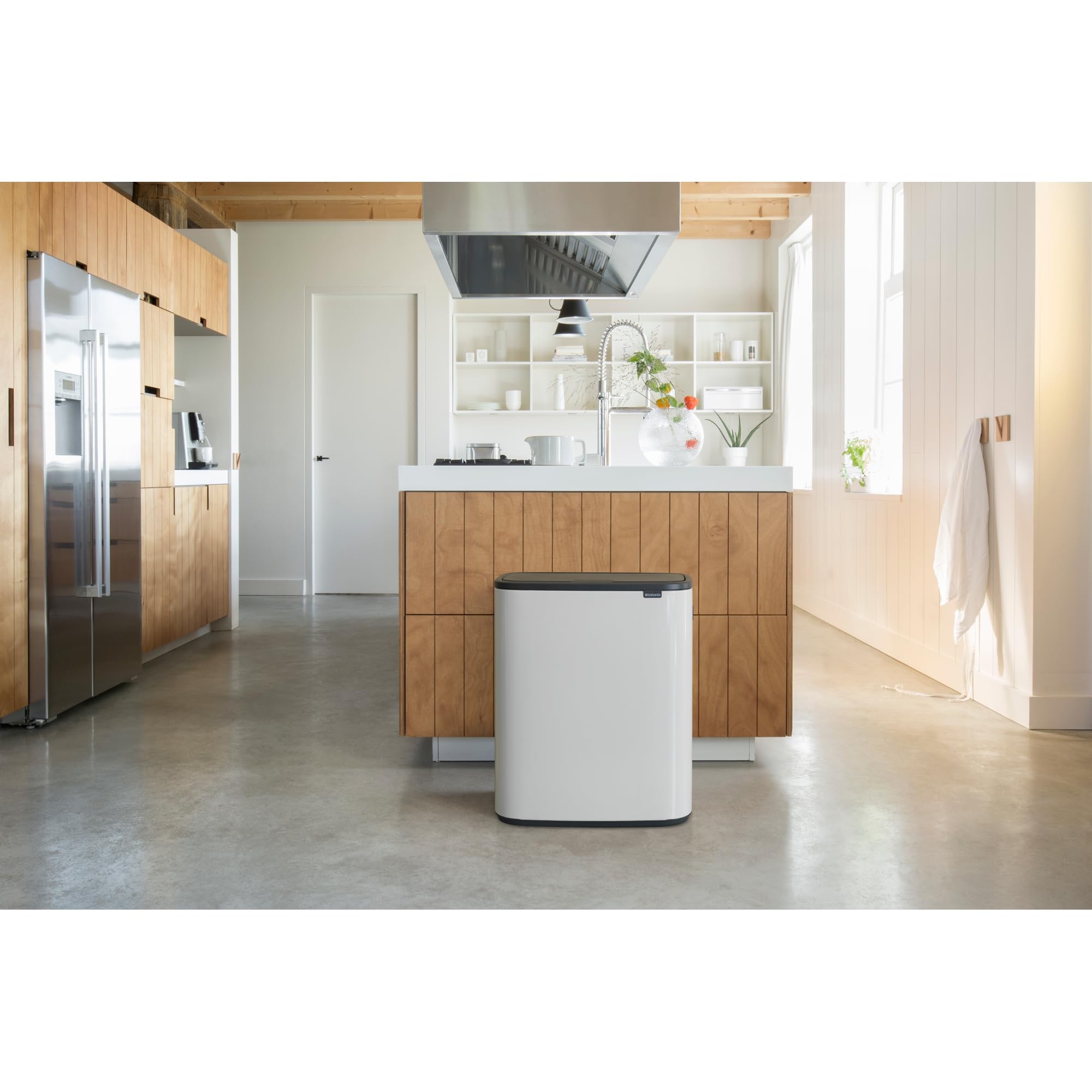 Brabantia Bo Touch Top 16 Gallon Trash Can - Soft Open/Close Kitchen Garbage Bin with Removable Recycling Compartment, White | Perfect for Modern Kitchens & Eco-Friendly Waste Sorting