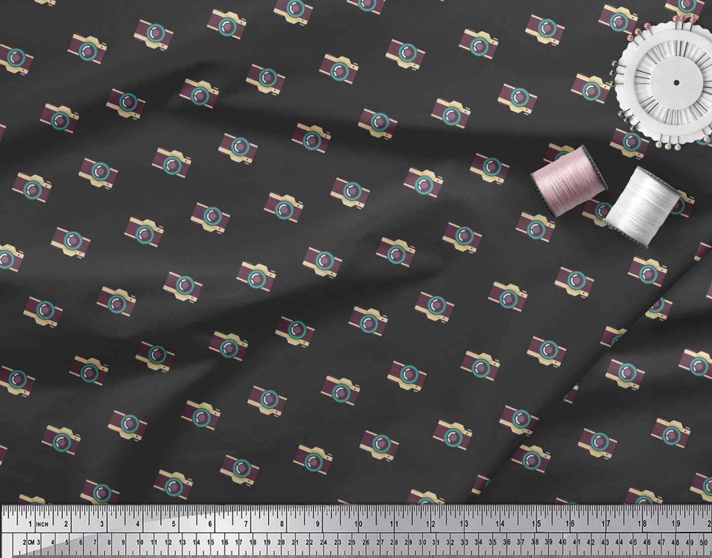Soimoi Black Cotton Voile Fabric by The Yard - 42 Inch Wide - Camera & Travel Themed Shirting with Printed Camera Motifs for Photography Enthusiasts | Perfect for DIY Shirts, Dresses, and Photography-Themed Fashion Projects
