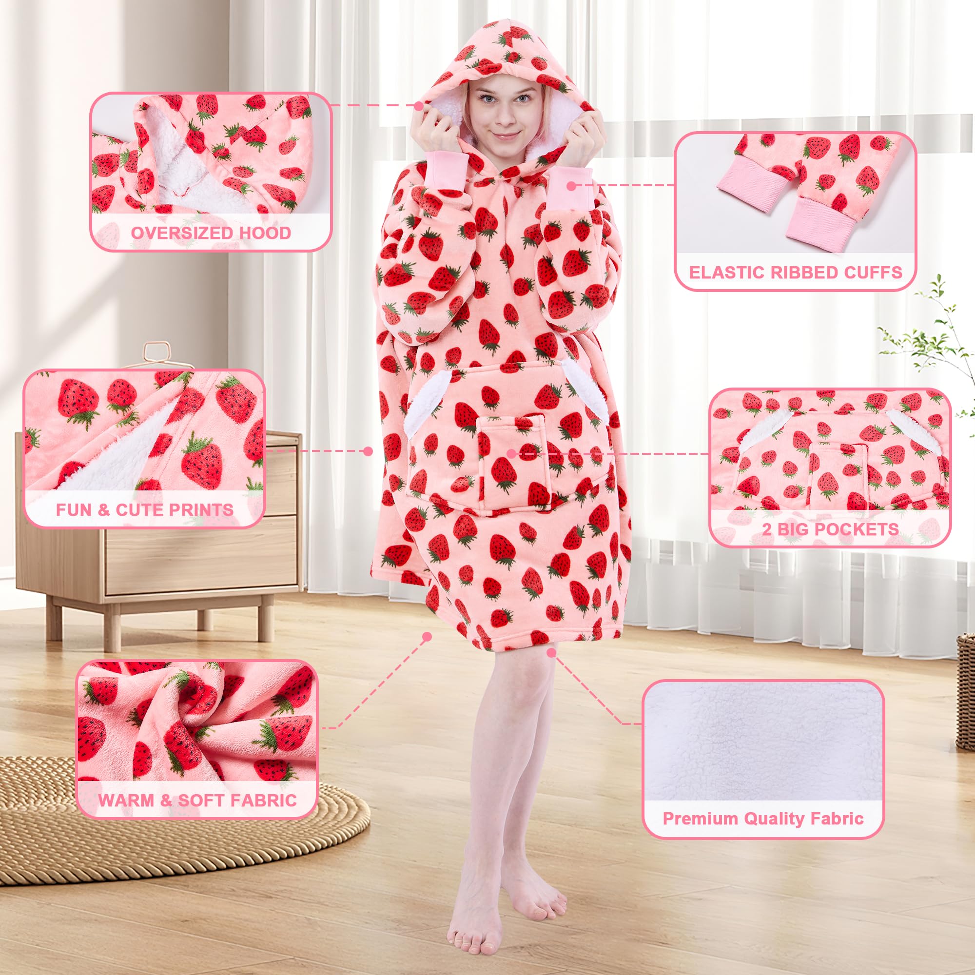 Cozy Oversized Sherpa Fleece Wearable Blanket Hoodie for Women - Warm Hooded Sweatshirt with Sleeves | Perfect Winter Gift & Lounge Wear for Home, Office, and Travel (Pink Strawberry)