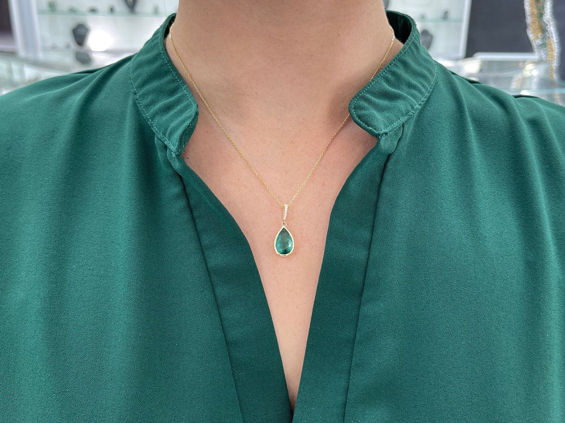 2.67tcw 14K Gold Blue Green Emerald Pear Cut Pendant with Diamond Accents - Elegant Birthstone Jewelry for Women, Perfect Gift for Anniversary, Birthday & Special Occasions