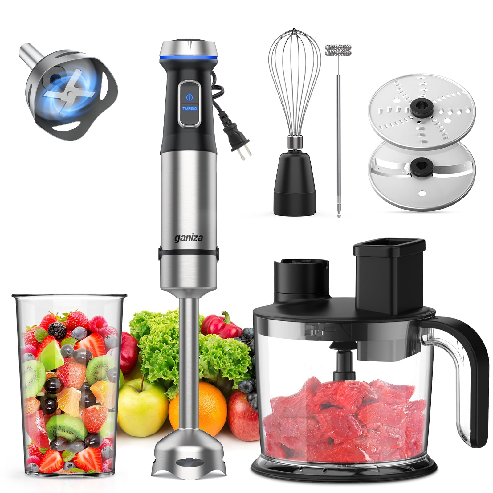 Ganiza 7-in-1 Immersion Blender with 1000W Heavy Duty Motor | 15 Speed & Turbo Mode Handheld Blender | Stainless Steel Stick Blender with 1500ml Food Processor & 6 Attachments | Perfect for Smoothies, Soups, Baby Food & Kitchen Prep