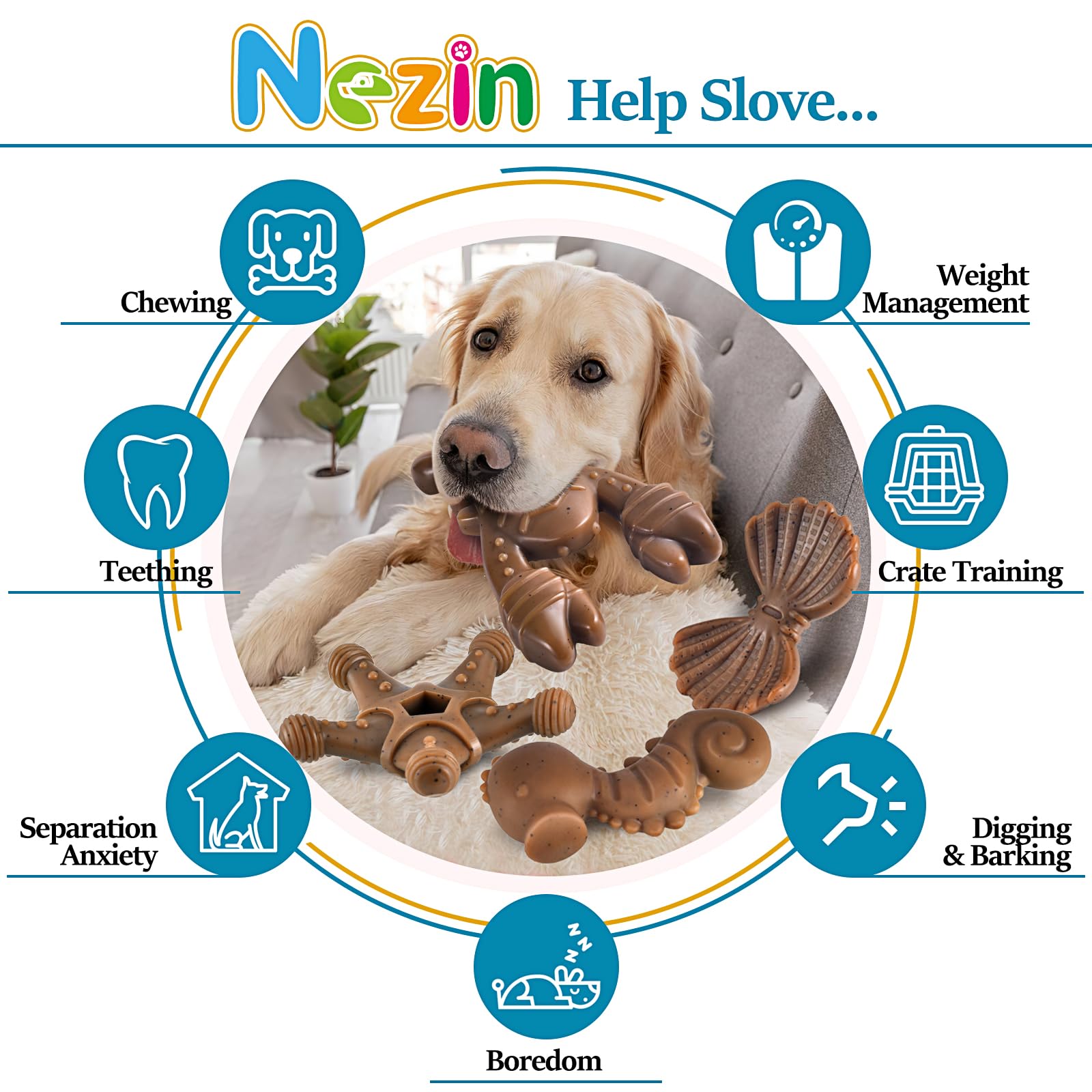 NEZIN Indestructible Dog Chew Toys for Aggressive Chewers - 4 Pack Durable Nylon Chew Toys for Small, Medium & Large Dogs | Perfect for Teething, Boredom Relief & Dental Health | Great Gift for Pet Lovers