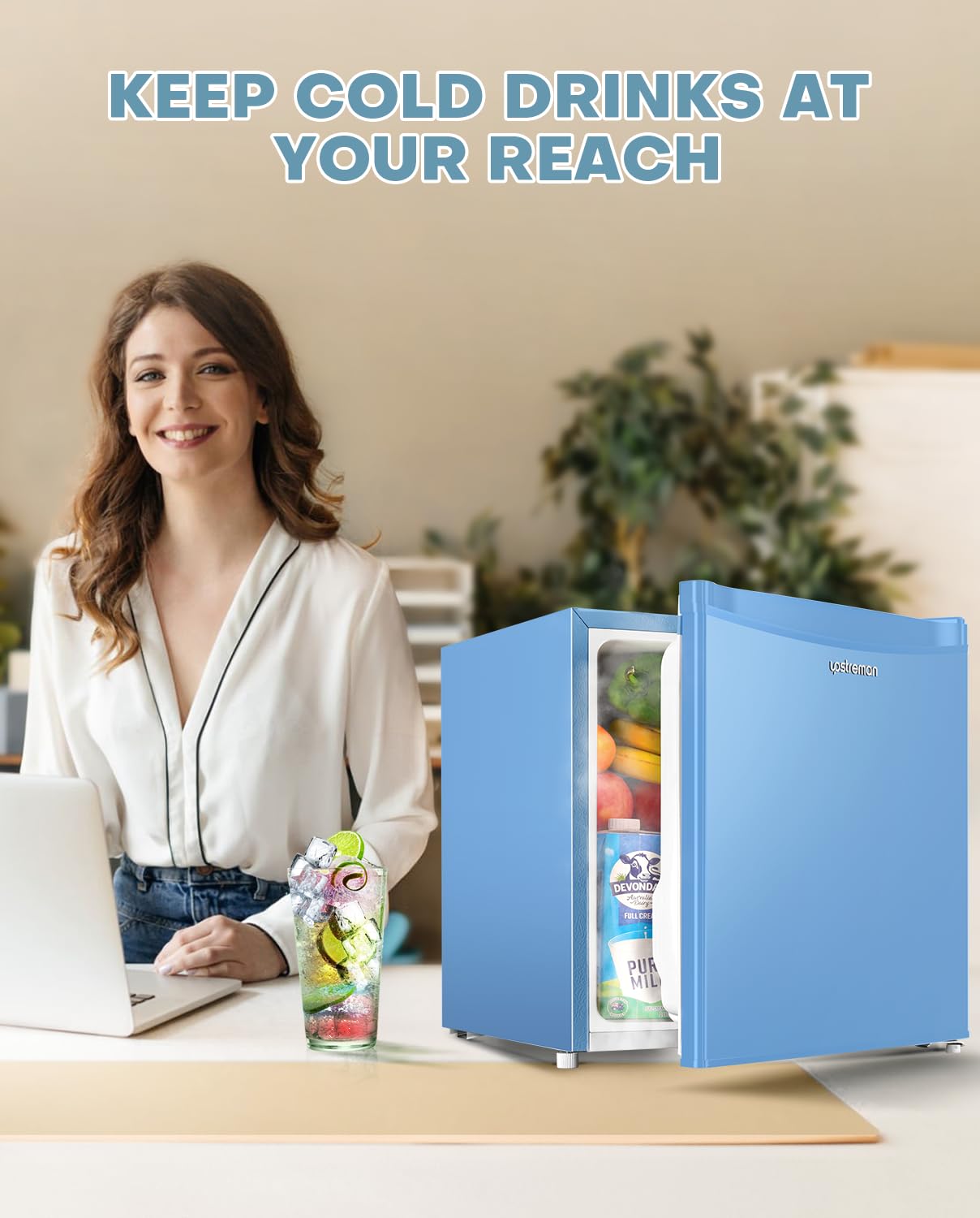 Upstreman 1.7 Cu.ft Mini Fridge with Freezer - Energy Efficient Compact Refrigerator with Adjustable Thermostat & Low Noise | Perfect for Dorm, Office, Bedroom, Kitchenette & Small Spaces | Blue (FR17)