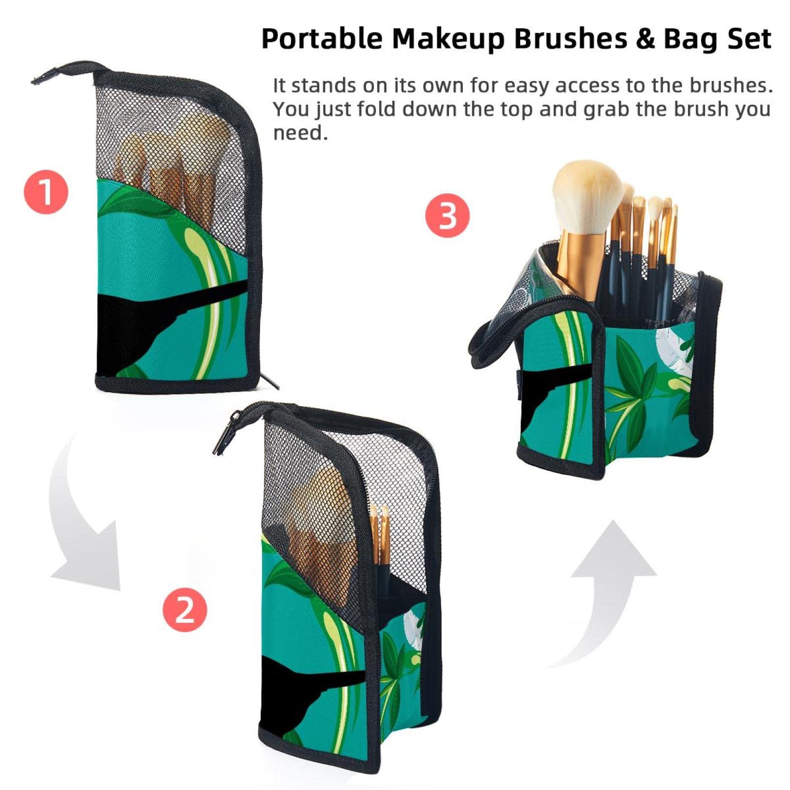 Premium Makeup Brush Organizer Bag with 12 Slots - Elegant Crow Feather & Leaf Design - Portable Travel Cosmetic Brush Holder Case - Perfect for Home Vanity, Travel & Professional Makeup Artists