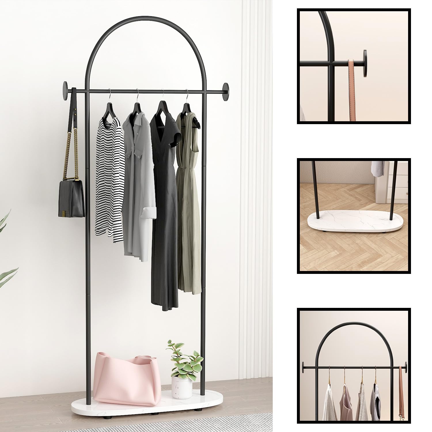 Black Heavy Duty Freestanding Metal Clothing Rack with Shelf & Hooks - Modern Coat Hanger Stand for Boutique, Office & Home Organization | Perfect for Retail Stores, Walk-in Closets & Garment Displays