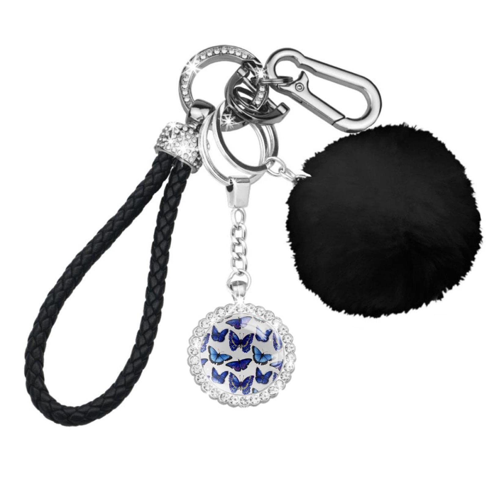 Blue Butterfly Pom Pom Keychain - Fluffy Artificial Fur Ball Keyring for Women, Cute Car & Bag Charm Accessory - Perfect Gift for Her, Birthday, Party Favors & Everyday Carry