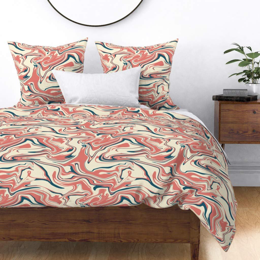 Custom Pink Coral Marble Duvet Cover King/California King - Midcentury Modern Abstract Print Cotton Sateen Bedding for Master Bedroom & Guest Room Decor
