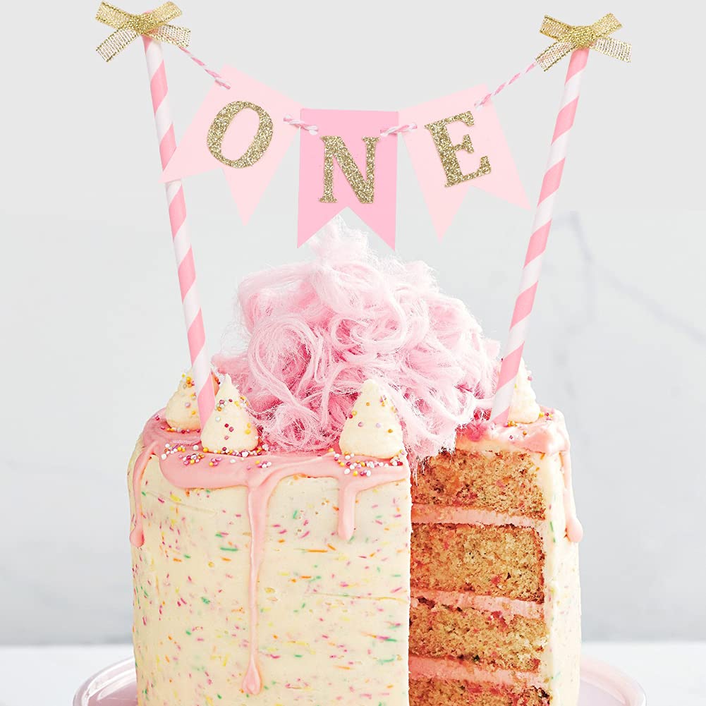 Pink and Gold 1st Birthday Cake Topper for Baby Girls - First Birthday Party Decorations, Cake Smash Banner, Paper Straw Cake Decor - Perfect for 1 Year Old Birthday Cakes, Baby Showers, and Photo Backdrops