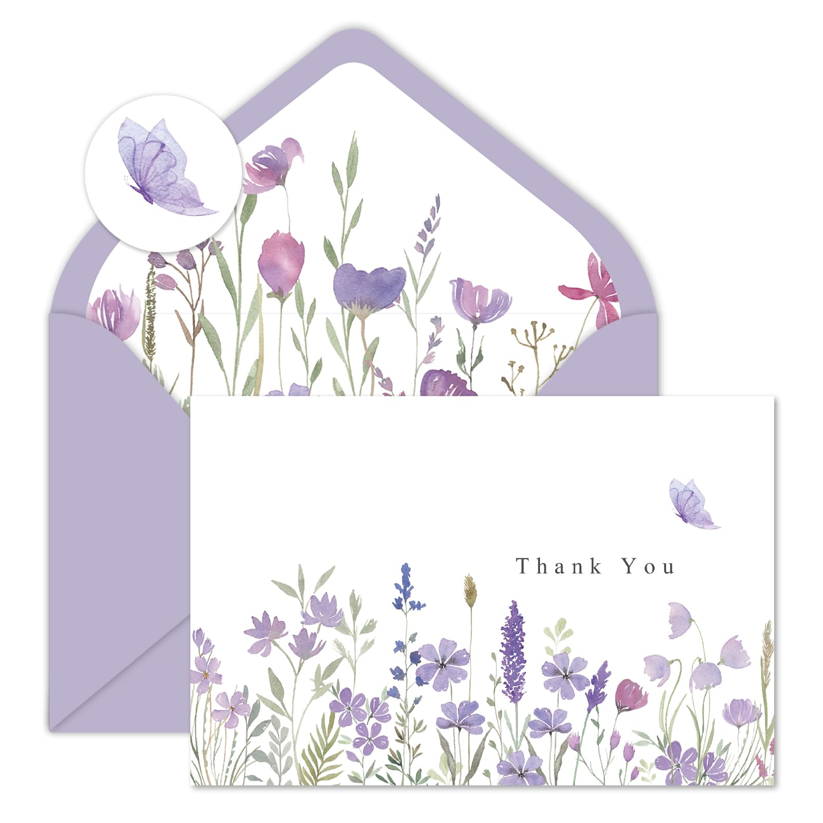 24 Pack Purple Wildflower Thank You Cards Bulk with Envelopes - Floral Blank Note Cards for Birthday, Wedding, Baby Shower, Bridal Shower - 4x6 Inch - Perfect for Handwritten Notes, Party Invitations & Gift Cards