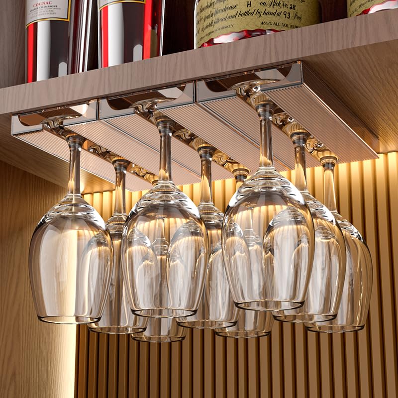 Premium Under Cabinet Wine Glass Holder Rack - 2 Pack Hanging Storage for Kitchen, Home & Bar - Space-Saving Brown Wine Glass Organizer - Perfect for Wine Enthusiasts & Entertaining Guests