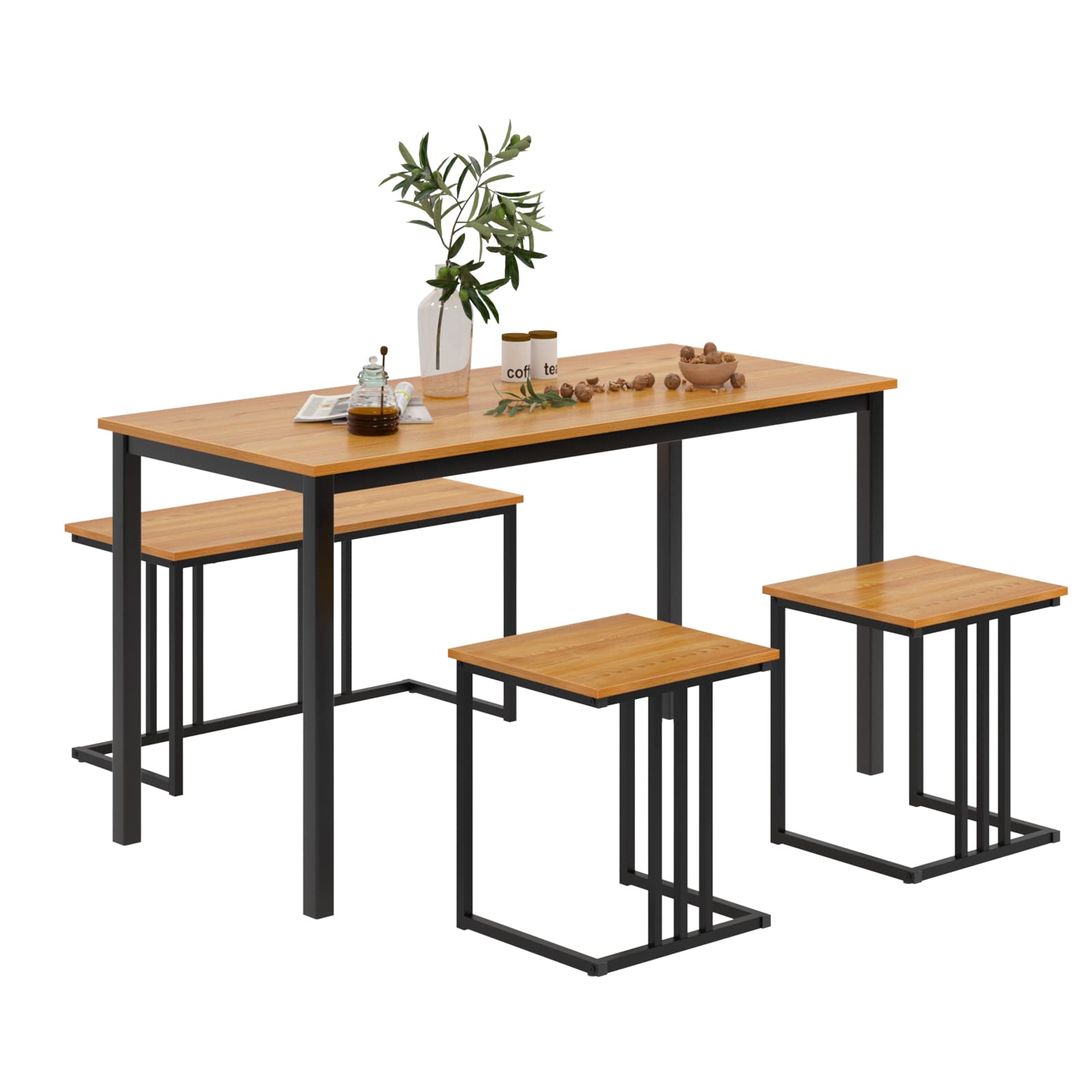 DlandHome 55 Inch Teak Dining Table Set for 4 with 2 Stools & 1 Bench - Kitchen Breakfast Table and Dining Room Bench Set for Small Spaces, Apartments & Family Gatherings