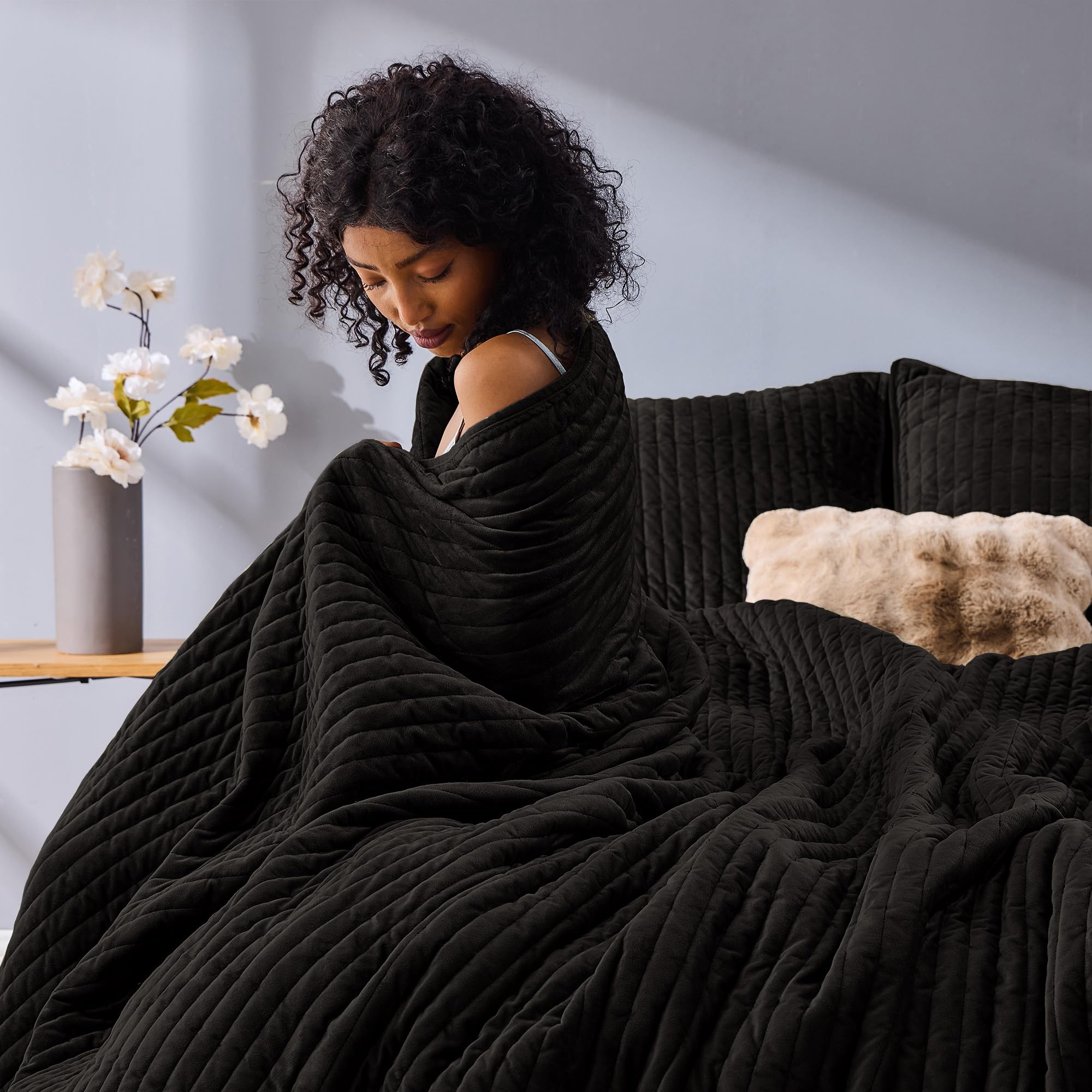 SHALALA Velvet Quilt King Size - Vertical Striped Bedding Set with Lightweight Velvet Comforter | Luxurious & Cozy Microfiber Bedspread Coverlet in Dark Brown | Perfect for Master Bedroom, Guest Room & Winter Warmth