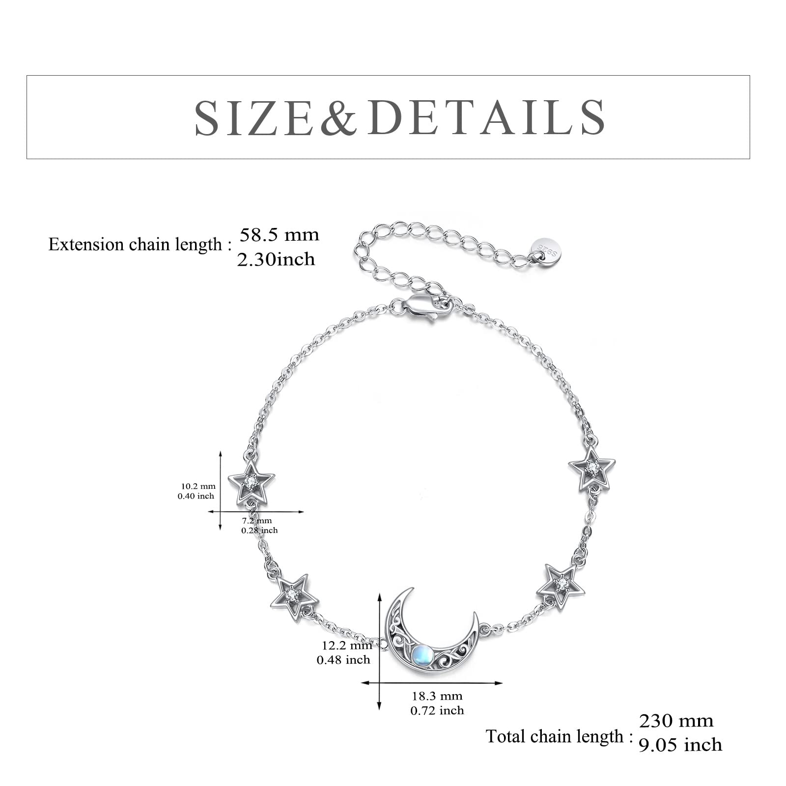CRMAD Moonstone Sterling Silver Anklet for Women - Moon, Star, Daisy, Turquoise & Rose Flower Charms - Irish Jewelry for Beach, Yoga & Boho Fashion