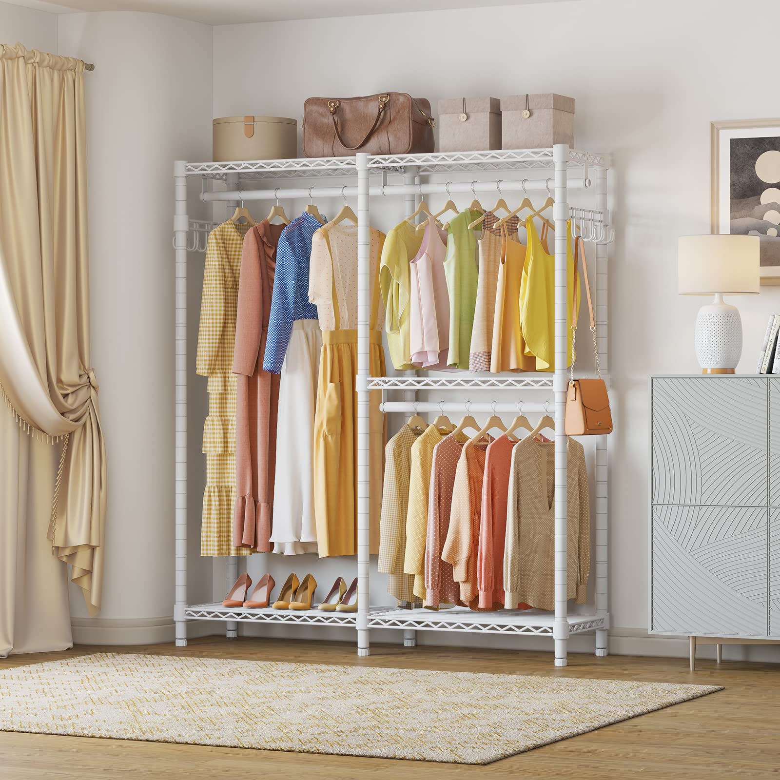 VIPEK V4S Heavy Duty Garment Rack - 810lbs Capacity Freestanding Clothes Rack with 3 Hanging Rods & 2 Side Hooks, Portable Wardrobe Organizer for Closet, Bedroom, Laundry Room or Commercial Use - White