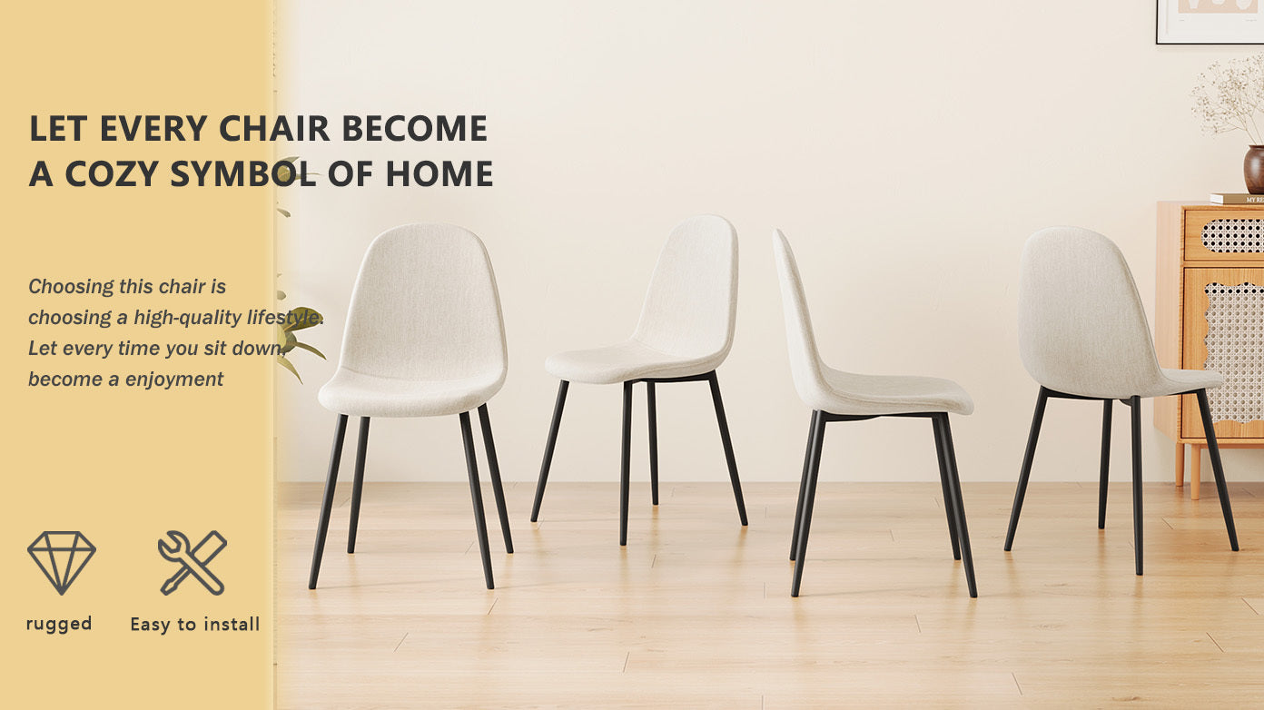4-Piece Modern Dining Chairs Set - Linen Padded Seats with Sturdy Black Metal Legs (Beige) - Perfect for Kitchen, Dining Room, Home & Office Use