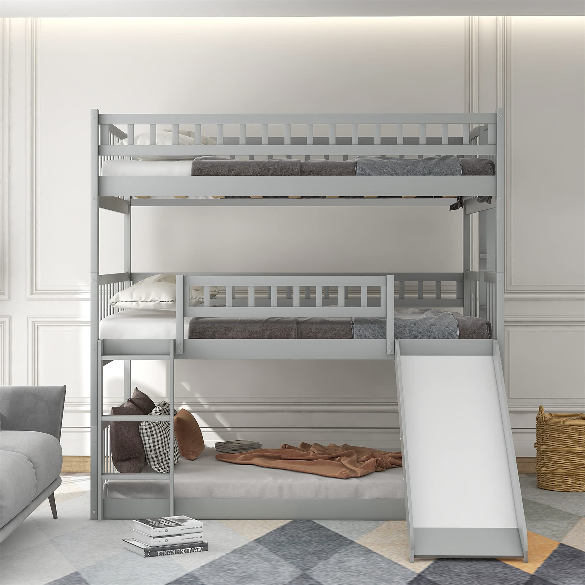 Harper & Bright Designs Triple Bunk Beds with Slide - Full Over Full Over Full Wooden Bunk Bed Frame with Built-in Ladder for Kids, Teens & Adults - Space Saving Bedroom Furniture for Small Rooms, Dorms, Vacation Homes & Shared Kids' Rooms (Gray)