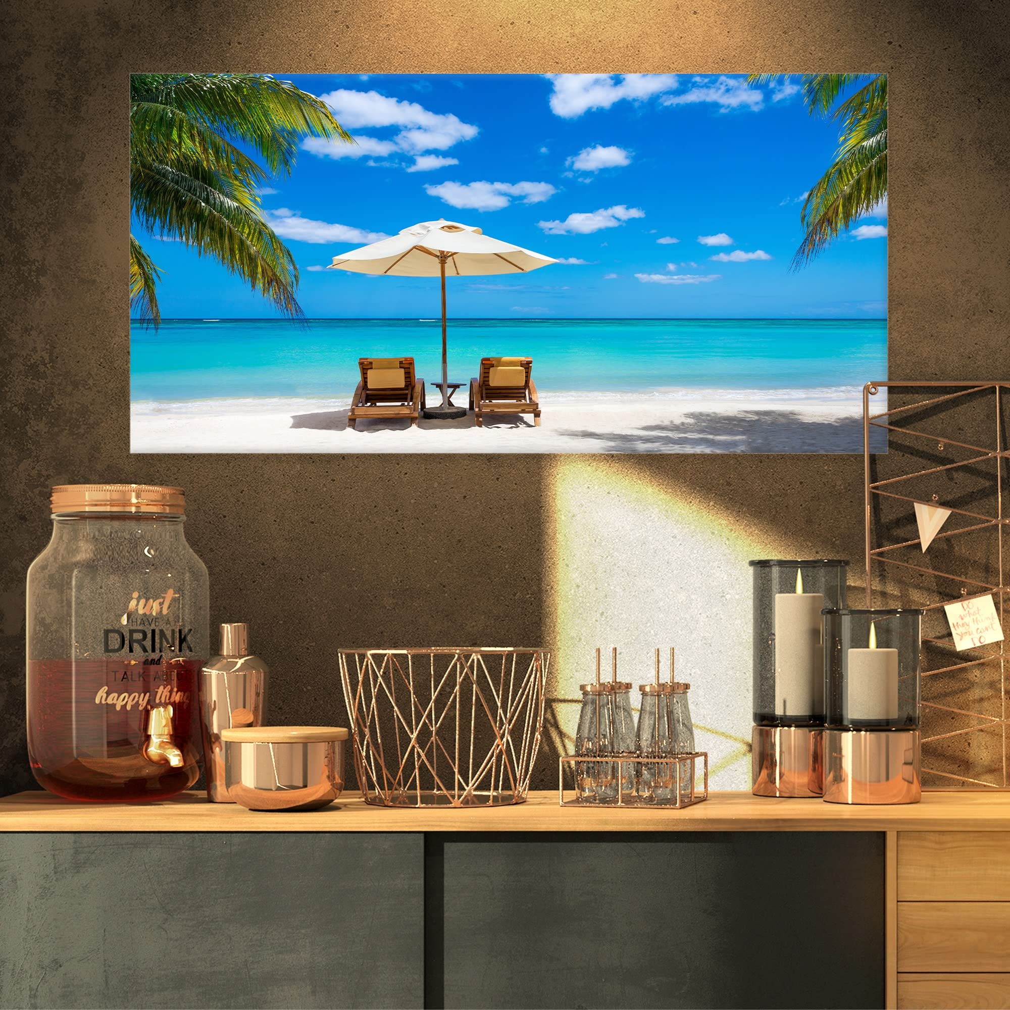 Turquoise Beach with Chairs Seashore Photo Canvas Print - 32 x 16 Inch Coastal Wall Art Decor - Blue Ocean Landscape Painting for Living Room, Bedroom & Office