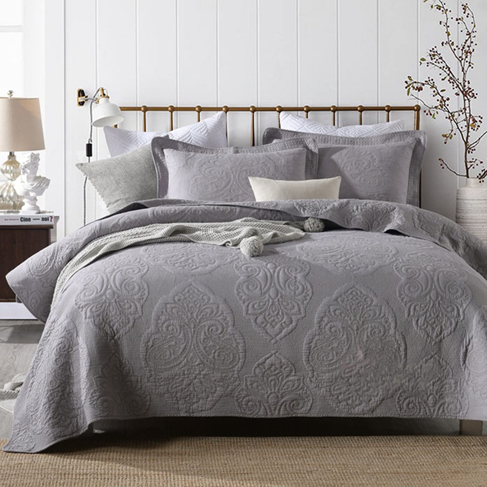 ABREEZE Grey Paisley Quilt Set Queen Size - 100% Cotton Vintage Floral Comforter Bedspread 3-Piece Set with Quilted Coverlet | Soft & Breathable for All Seasons | Perfect for Master Bedroom, Guest Room & Cozy Home Decor