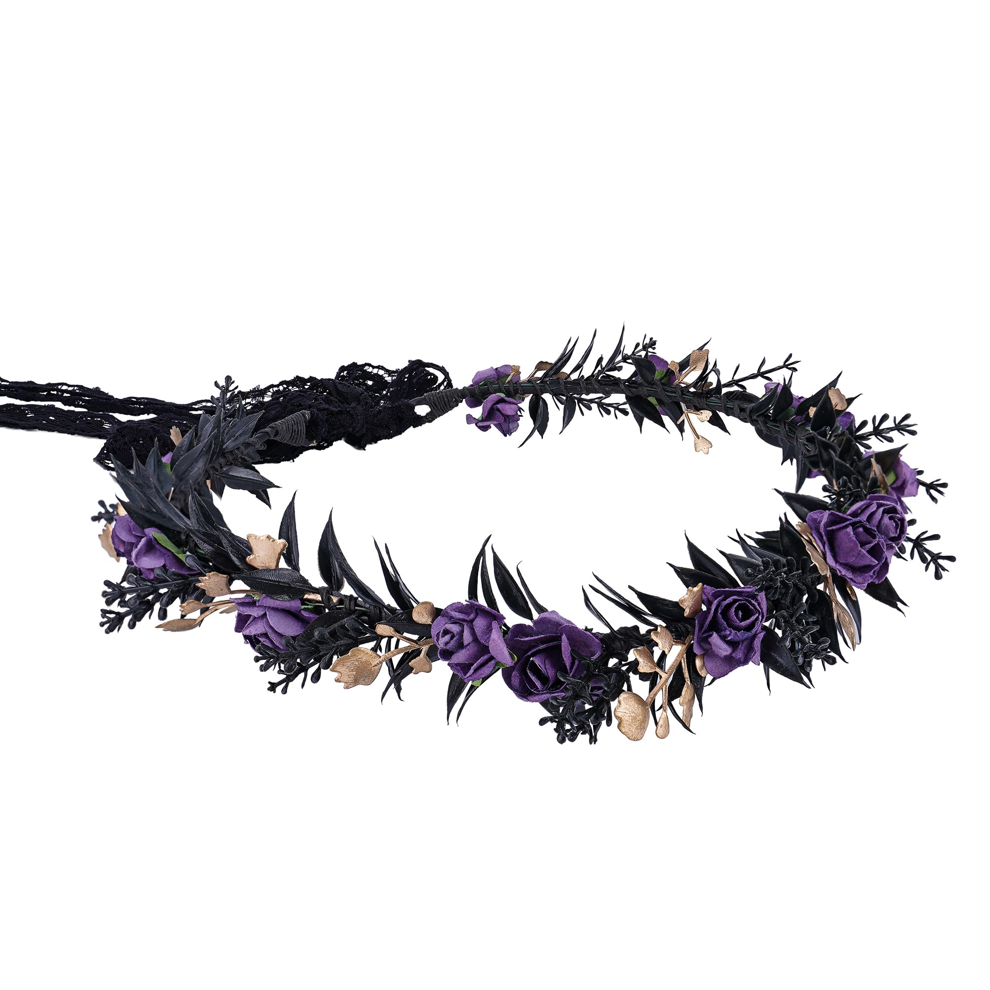 MOSTORY Black Elf Flower Headpiece - Dark Fairy Floral Crown Headband, Gothic Flower Circlet for Renaissance Festival, Halloween Costume, Medieval Cosplay, Fantasy Photo Shoot, Boho Wedding Accessory