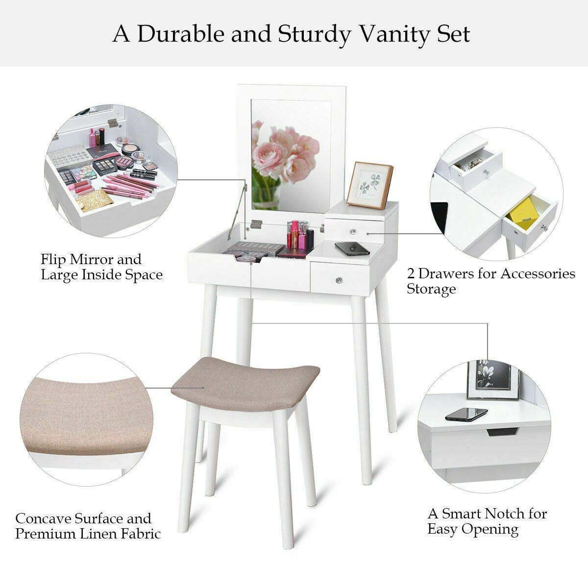 AUGESTER Vanity Dressing Set with Flip Top Mirror & Cushioned Stool - White Folding Makeup Desk with Large Storage for Bedroom, Bathroom | Perfect Vanity Table for Women & Girls | Ideal for Makeup, Dressing & Home Office Use (HW65961)