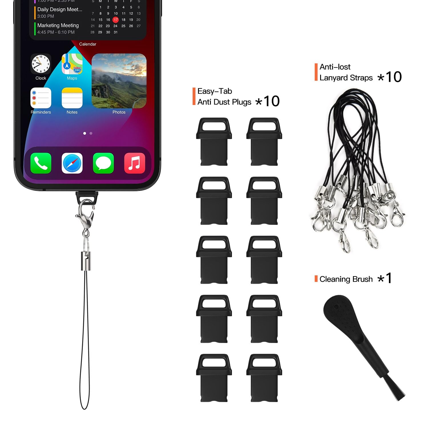 10-Pack iPhone 14 Anti-Dust Plugs - Universal Dust Covers for iPhone 14 Pro Max/13 Pro Max/12 Pro Max/11 Pro/X/XS/XR/8/7 & iPad/AirPods - Includes Easy-Grip Tabs, Lanyard & Cleaning Brush - Perfect for Travel, Gym & Daily Protection