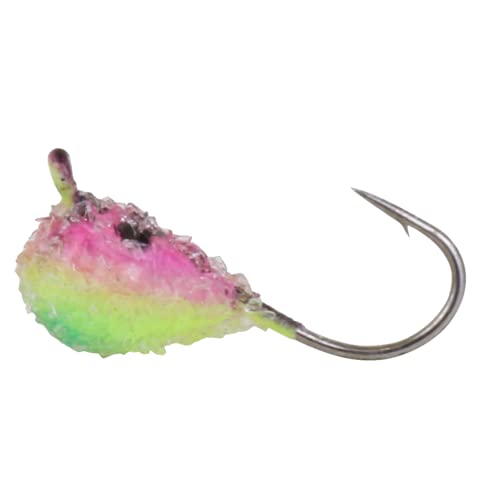 Clam Snow Drop XL 1/16 oz Tungsten Glow Ice Fishing Jig - Watermelon Spot Color - Perfect for Walleye, Perch & Panfish in Deep Winter Waters