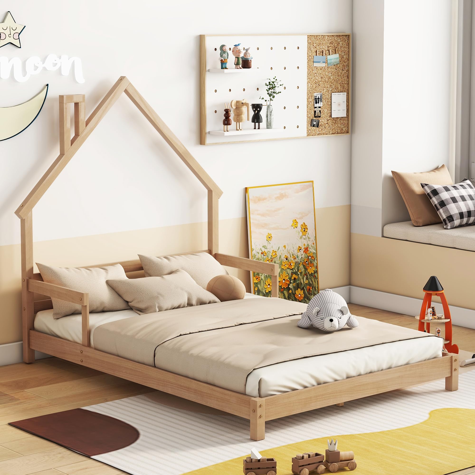 Full Size House-Shaped Kids Bed Frame with Handrails - Low Platform Bed for Boys & Girls, No Box Spring Needed (Natural) - Perfect for Bedrooms, Playrooms & Sleepovers