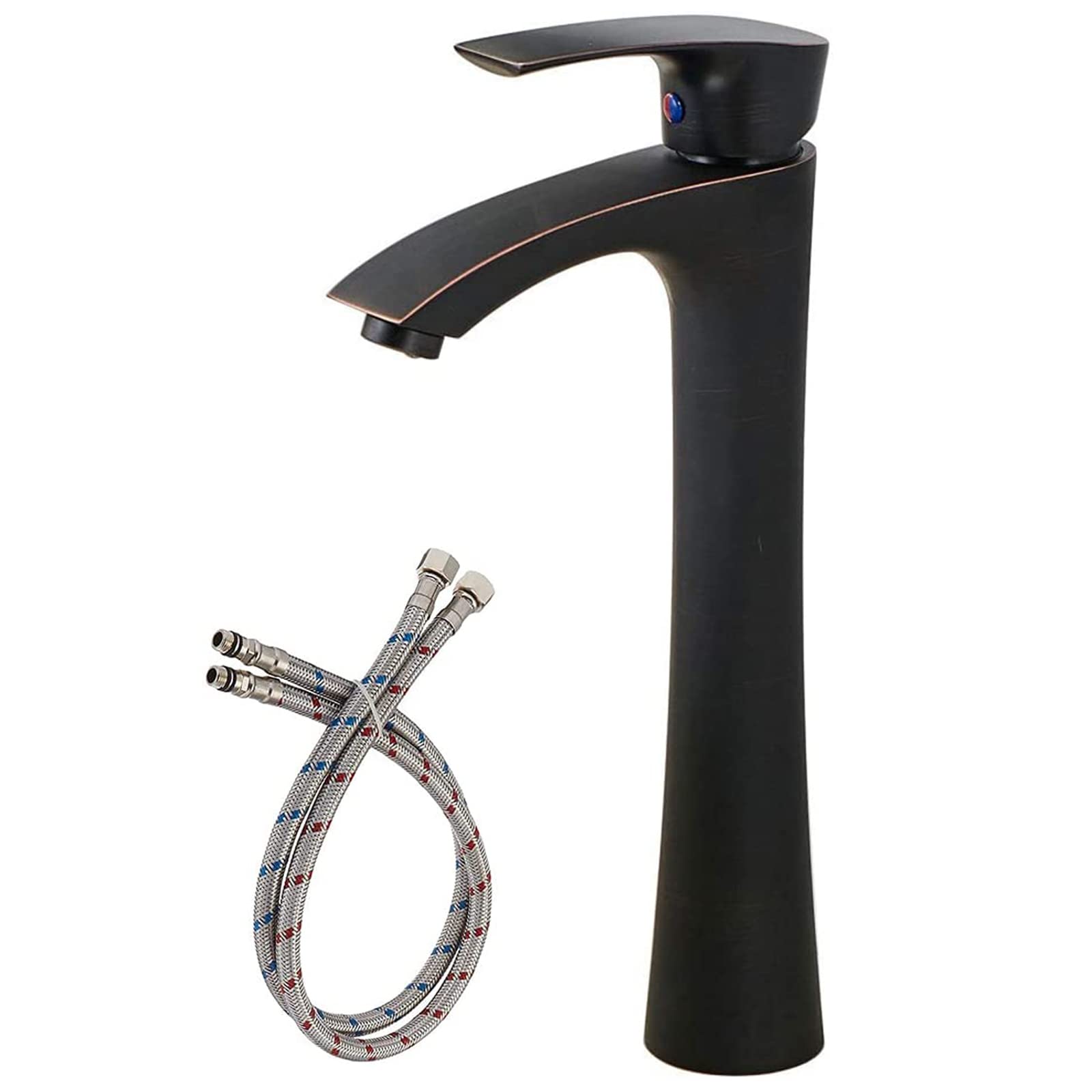 Oil Rubbed Bronze Vessel Sink Faucet - Single Handle Tall Contemporary Bathroom Faucet with Water Supply Hose | Perfect for Vanity, Basin Mixer Tap & Modern Bathroom Decor