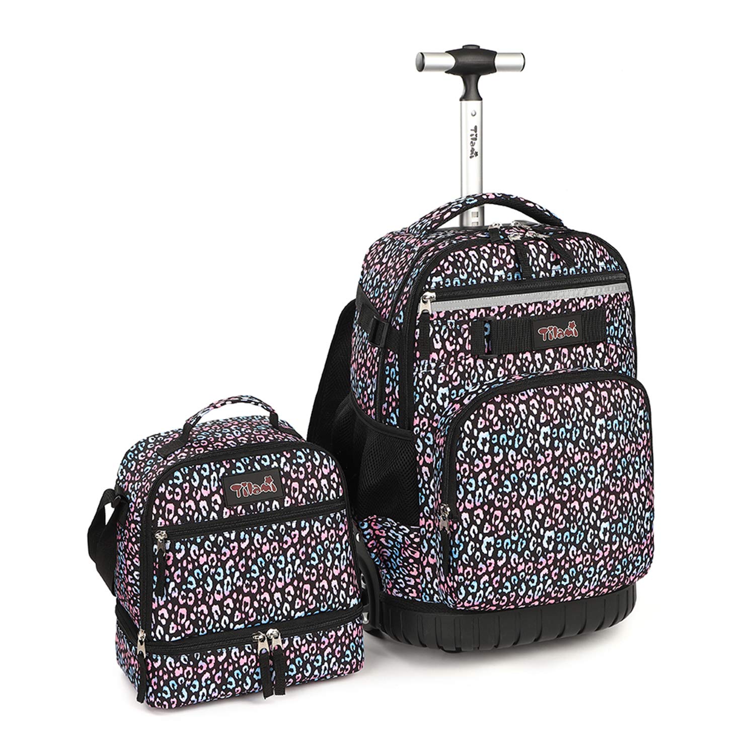 Tilami 19 Inch Rolling Backpack with Lunch Bag - Wheeled Laptop Backpack for School, Travel & Work - Durable Carry-On with Wheels (Colorful Leopard Print)