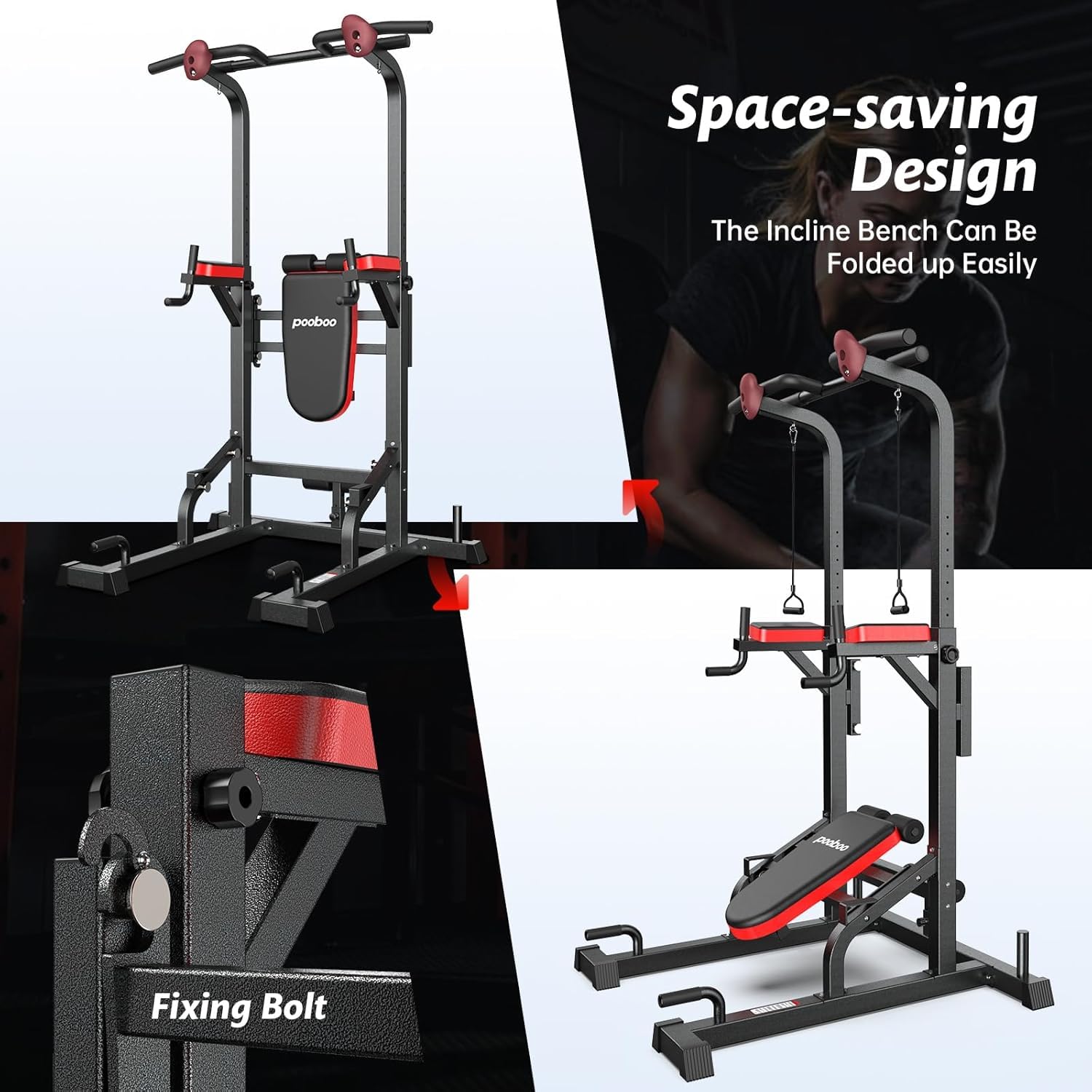 Pooboo Adjustable Power Tower Dip Station - Pull Up Bar Stand for Home Gym, Strength Training Equipment for Full Body Workout - Perfect for CrossFit, Calisthenics & Home Fitness Training