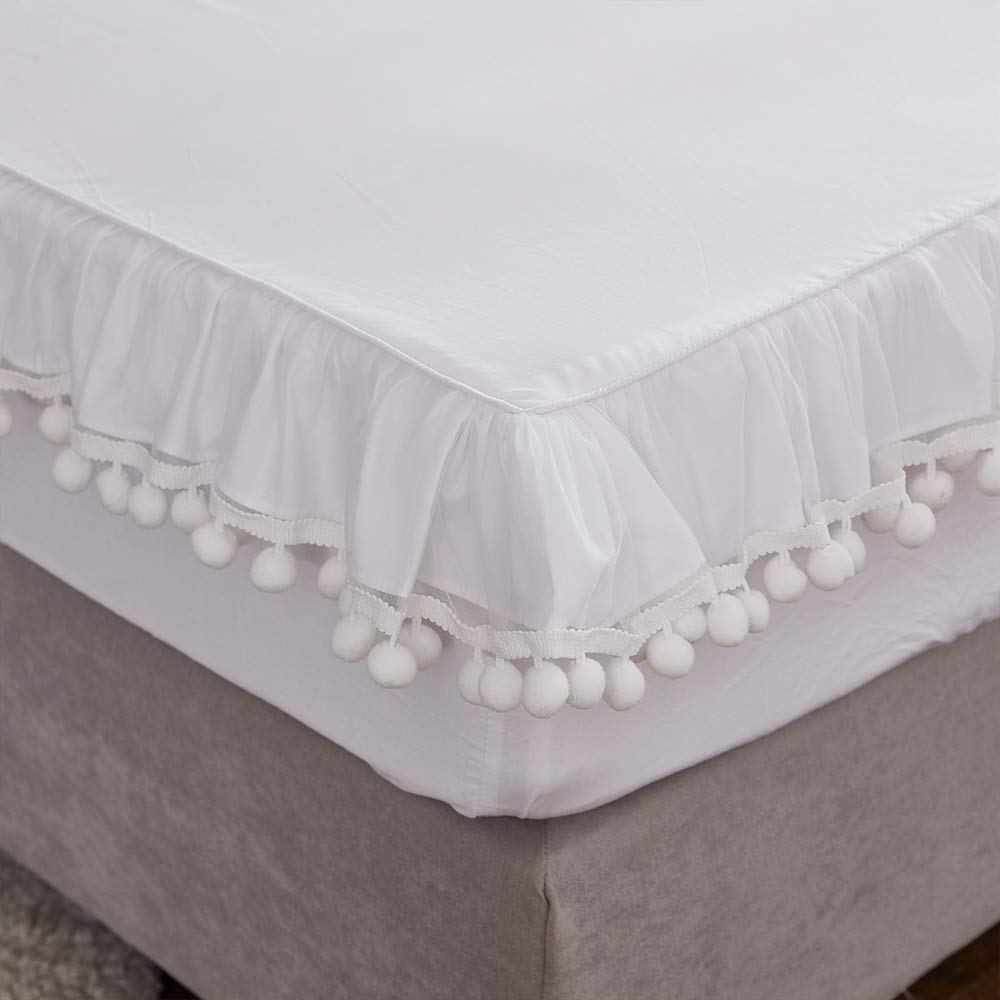 Premium 100% Cotton 600 Thread Count California King Sheet Set - Elegant White Pom Pom Ruffle Design with 17.5